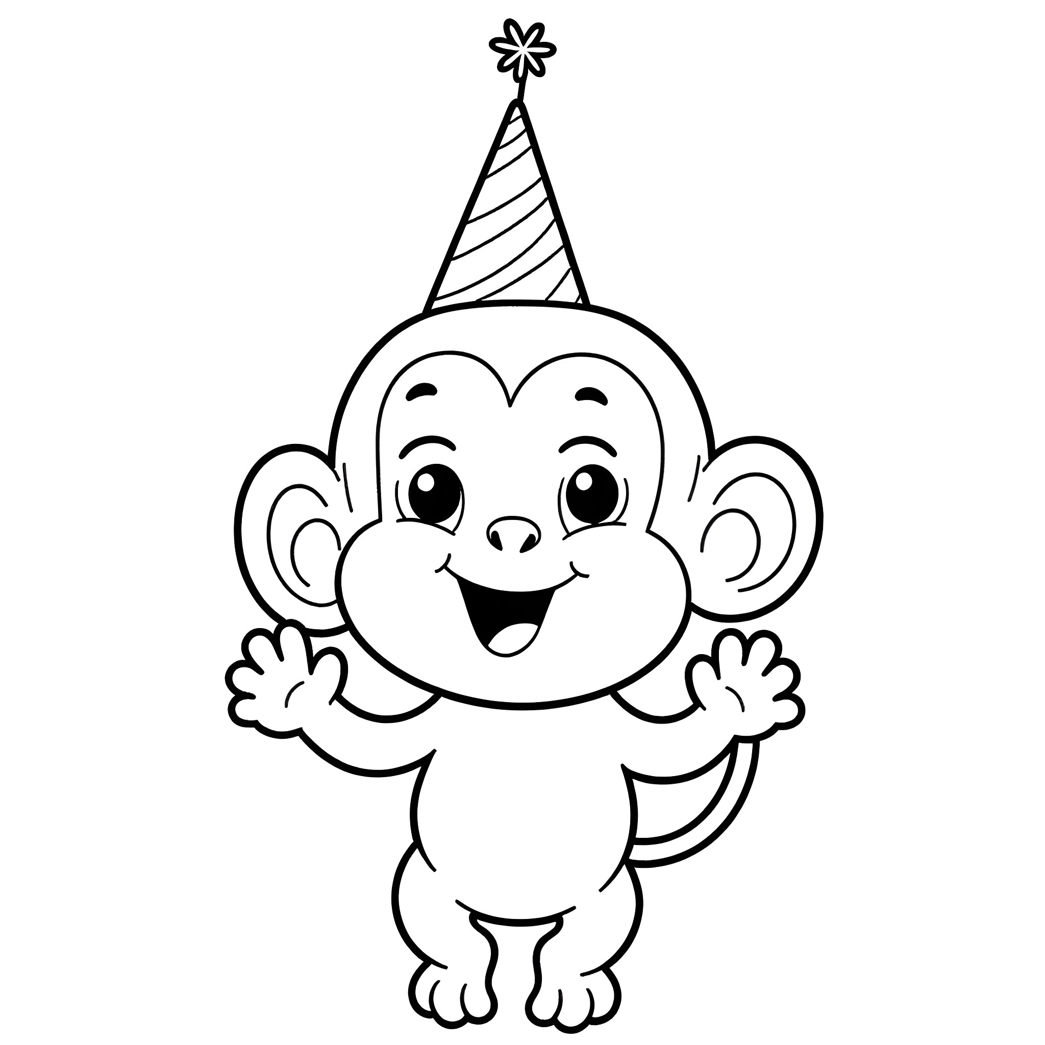 Monkey with party hat celebrating Coloring Page (free black-and-white line drawing printable PDF for all, from beginners to advanced learners, including children, teens, adults, and seniors)