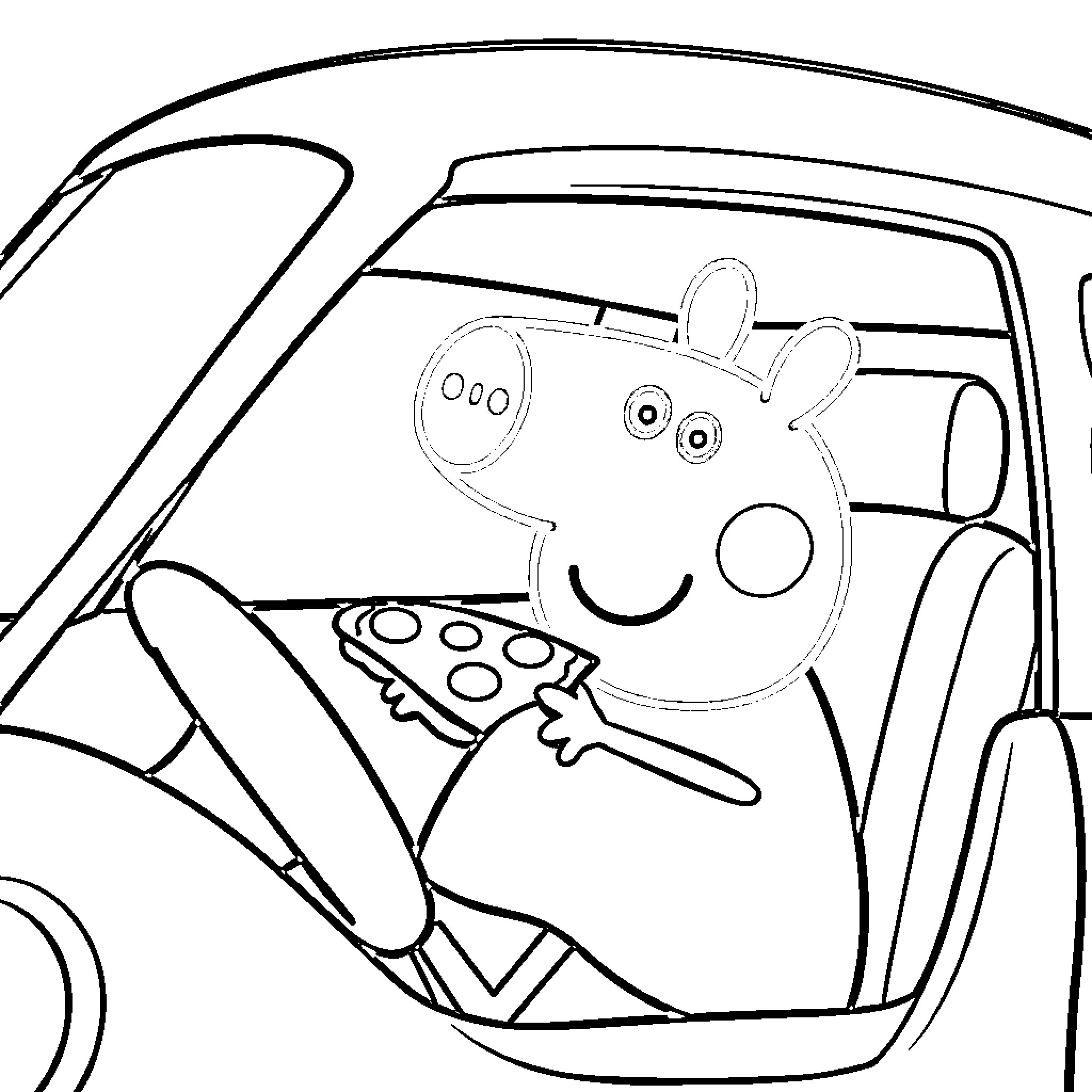 Peppa Pig driving a car Coloring Page (free black-and-white line drawing printable PDF for all, from beginners to advanced learners, including children, teens, adults, and seniors)