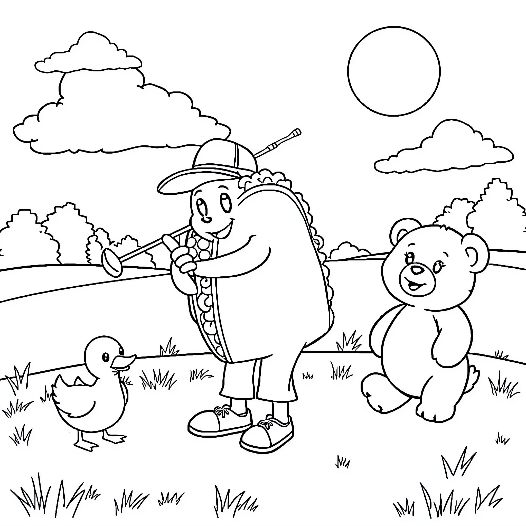 Taco-Themed Outdoor Adventure with Friends Coloring Page (free black-and-white line drawing printable PDF for all, from beginners to advanced learners, including children, teens, adults, and seniors)