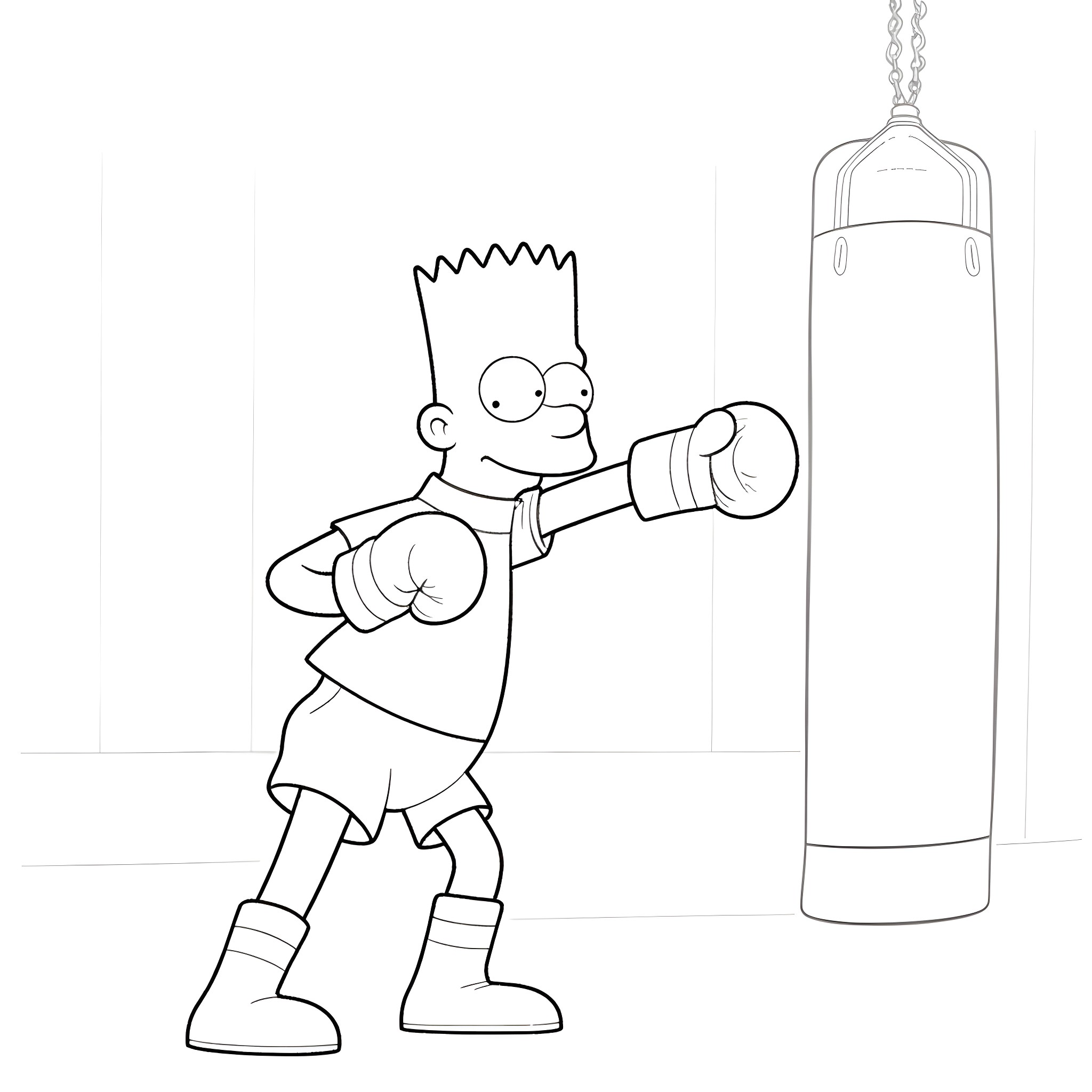 Bart Simpson punching a punching bag Coloring Page (free black-and-white line drawing printable PDF for all, from beginners to advanced learners, including children, teens, adults, and seniors)