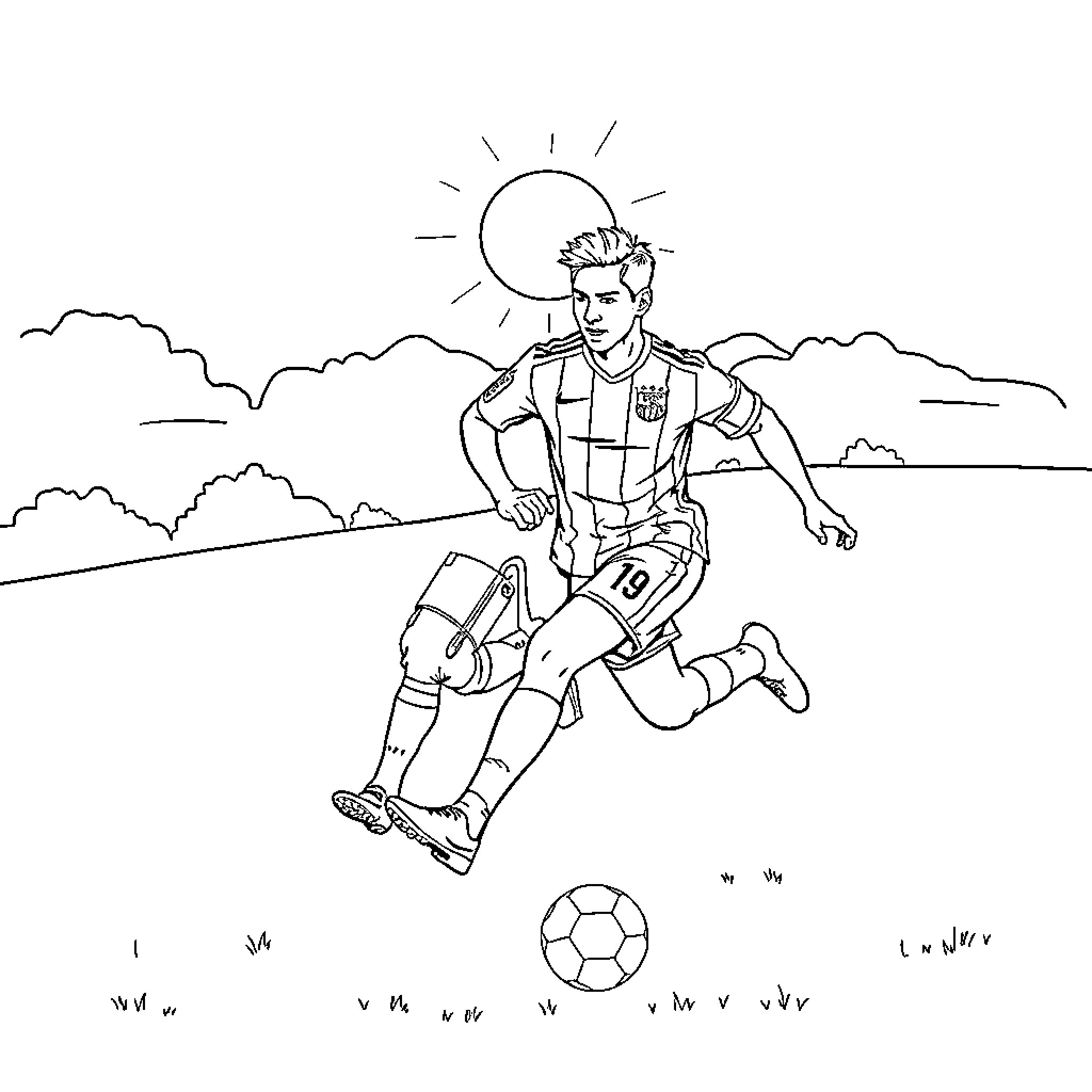 Soccer Player Dribbling the Ball on the Field Coloring Page (free black-and-white line drawing printable PDF for all, from beginners to advanced learners, including children, teens, adults, and seniors)