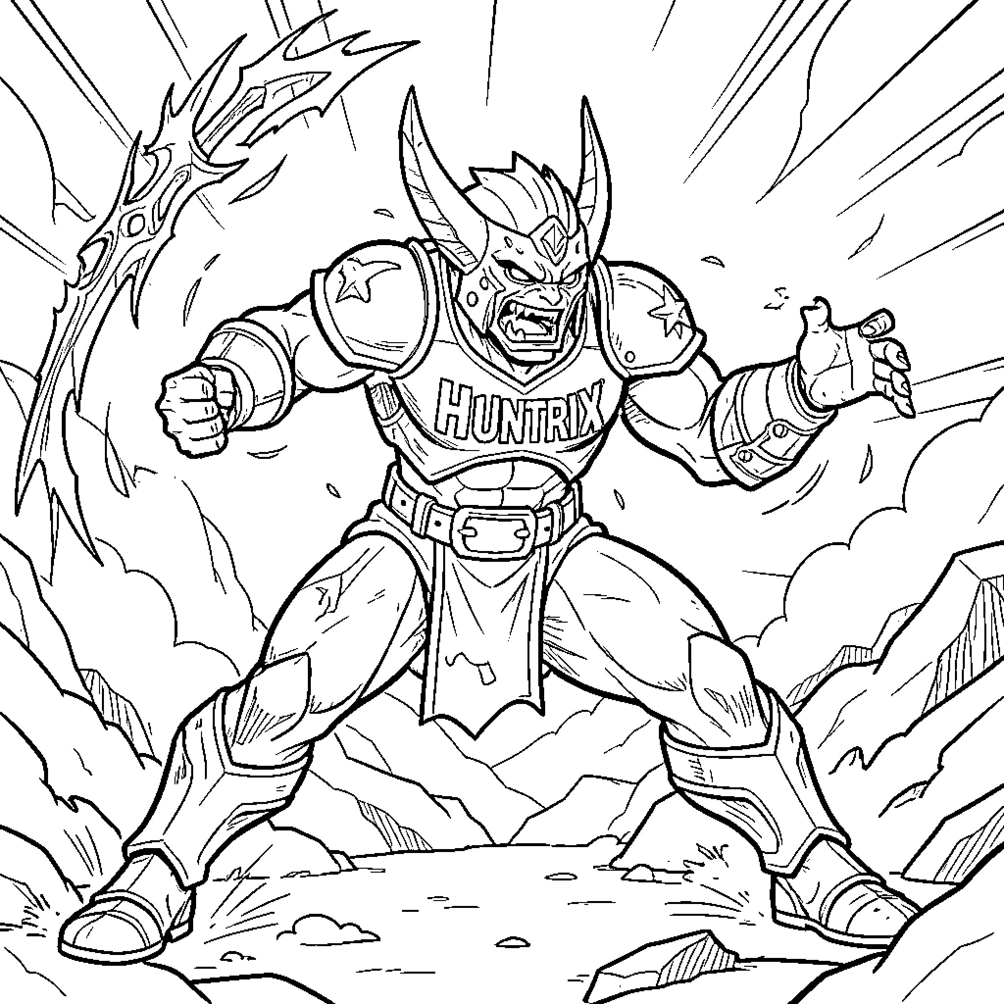 Huntrix warrior shouting intensely in a battle stance Coloring Page (free black-and-white line drawing printable PDF for all, from beginners to advanced learners, including children, teens, adults, and seniors)