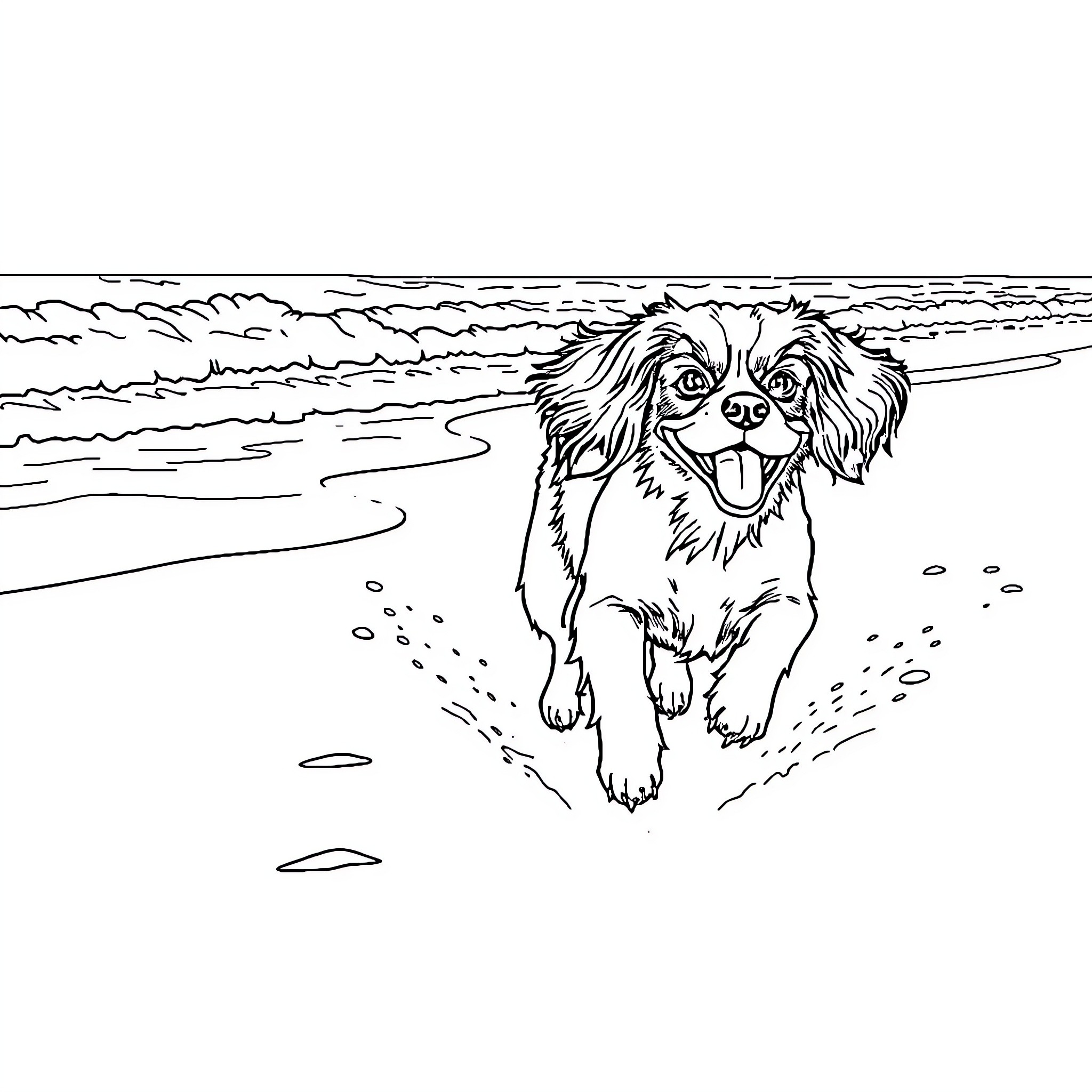 Cavalier King Charles Spaniel running happily on the beach Coloring Page (free black-and-white line drawing printable PDF for all, from beginners to advanced learners, including children, teens, adults, and seniors)