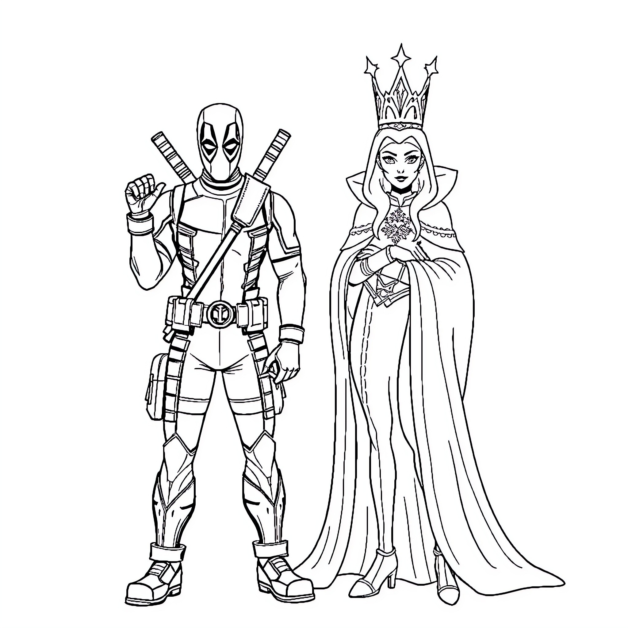 Deadpool and Princess in Elaborate Outfits Coloring Page (free black-and-white line drawing printable PDF for all, from beginners to advanced learners, including children, teens, adults, and seniors)