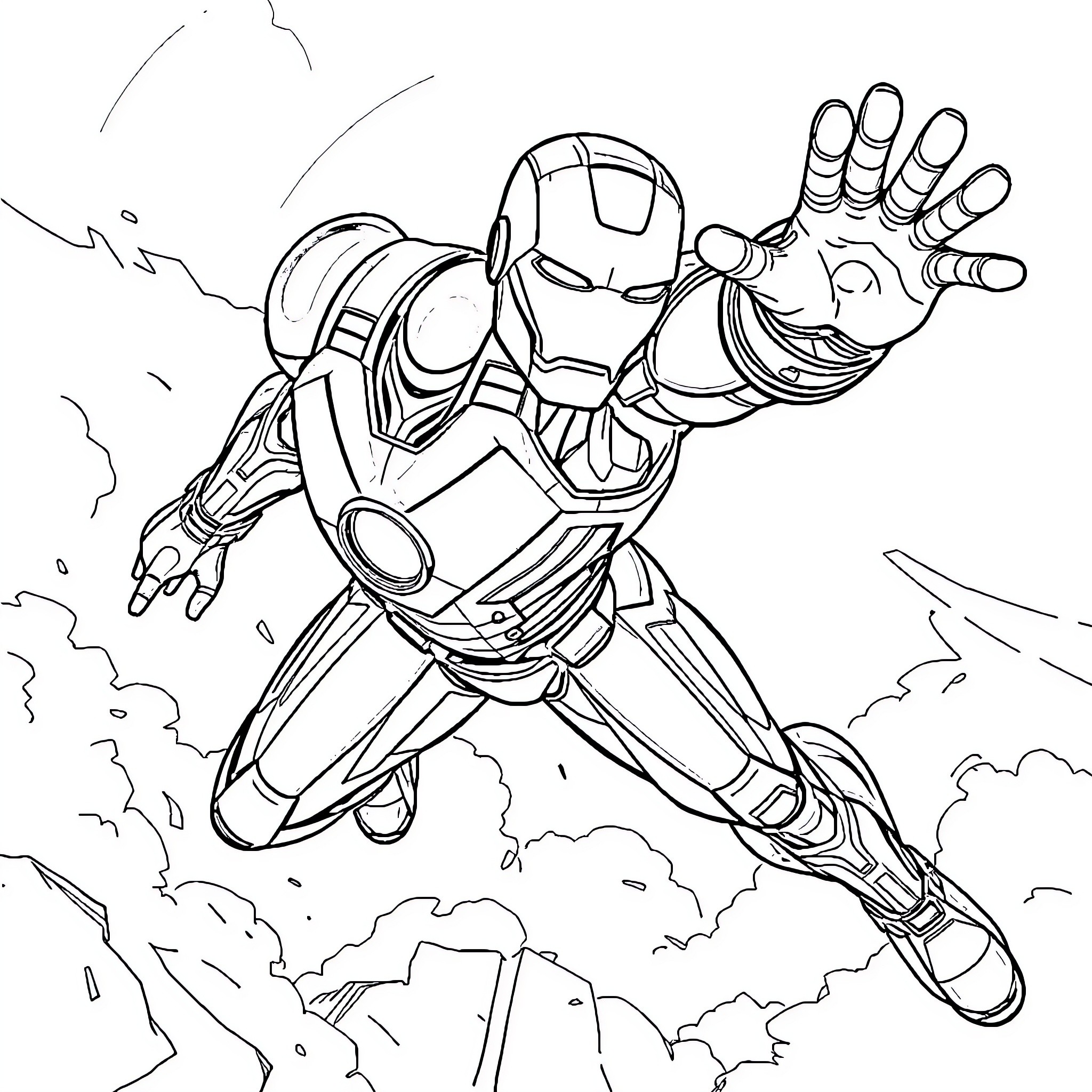 Iron Man Taking Flight in Heroic Pose Coloring Page (free black-and-white line drawing printable PDF for all, from beginners to advanced learners, including children, teens, adults, and seniors)