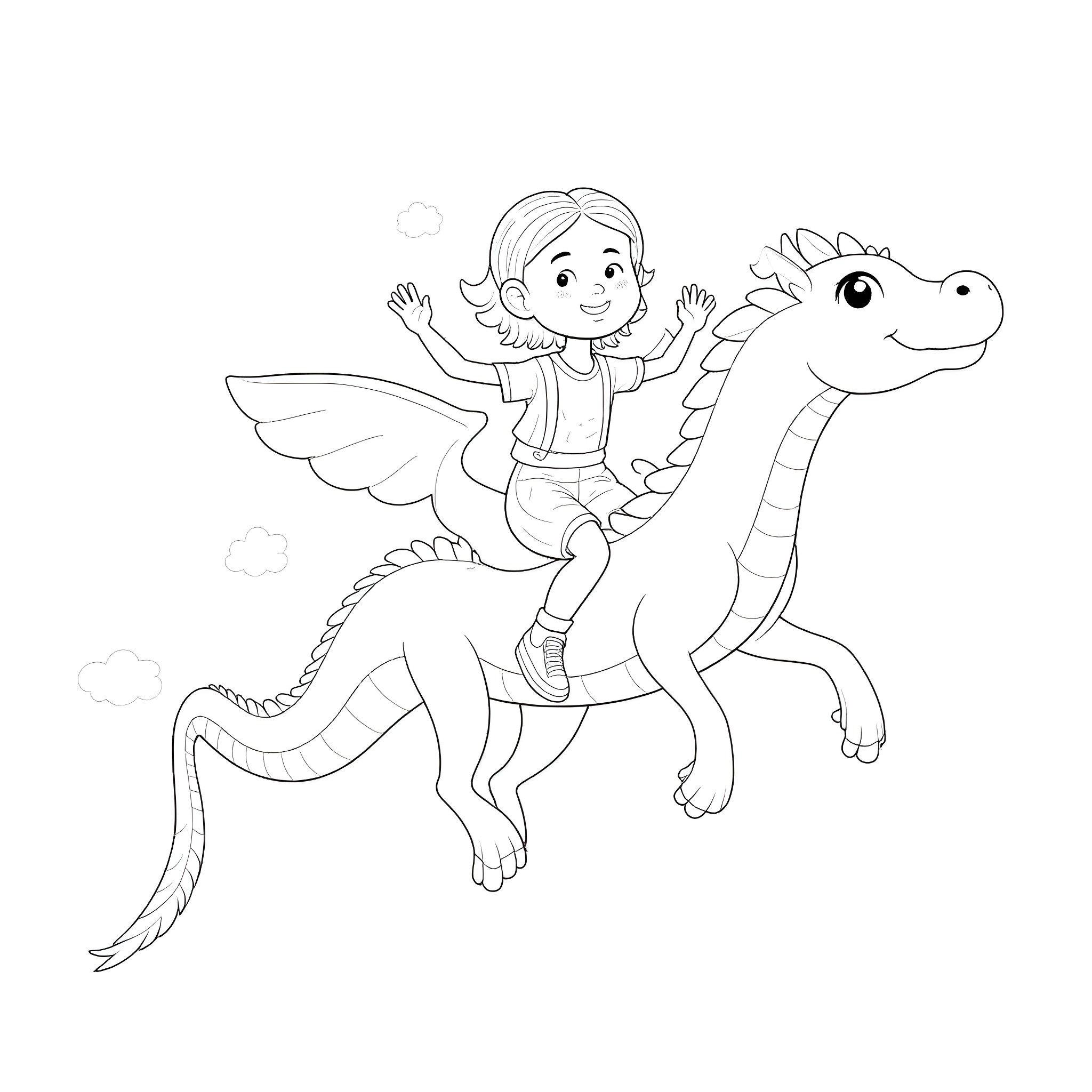 Girl riding a friendly dragon Coloring Page (free black-and-white line drawing printable PDF for all, from beginners to advanced learners, including children, teens, adults, and seniors)
