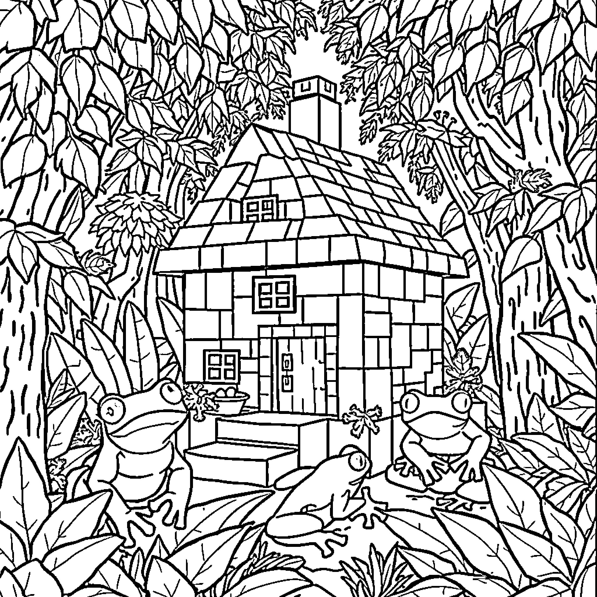 Frog cottage in the lush forest Coloring Page (free black-and-white line drawing printable PDF for all, from beginners to advanced learners, including children, teens, adults, and seniors)