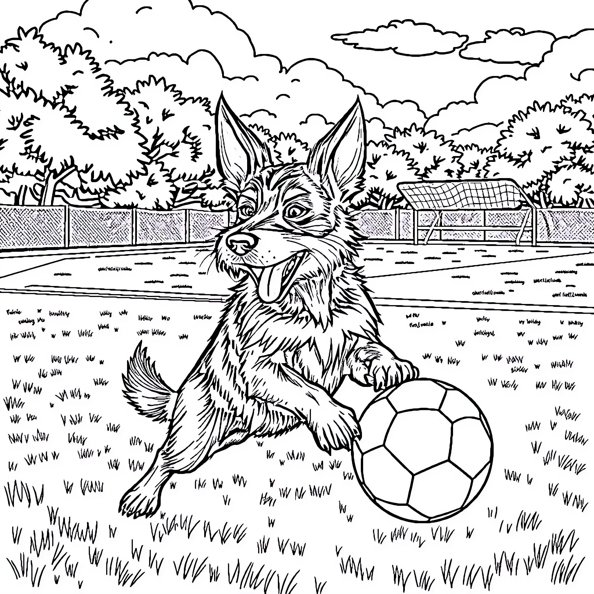 Dog playing with soccer ball in park Coloring Page (free black-and-white line drawing printable PDF for all, from beginners to advanced learners, including children, teens, adults, and seniors)