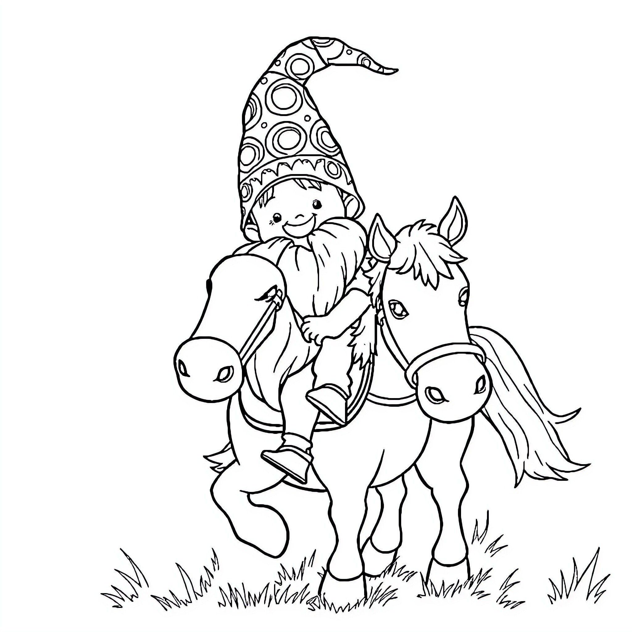 Gnome riding happily on a pony through the meadow Coloring Page (free black-and-white line drawing printable PDF for all, from beginners to advanced learners, including children, teens, adults, and seniors)