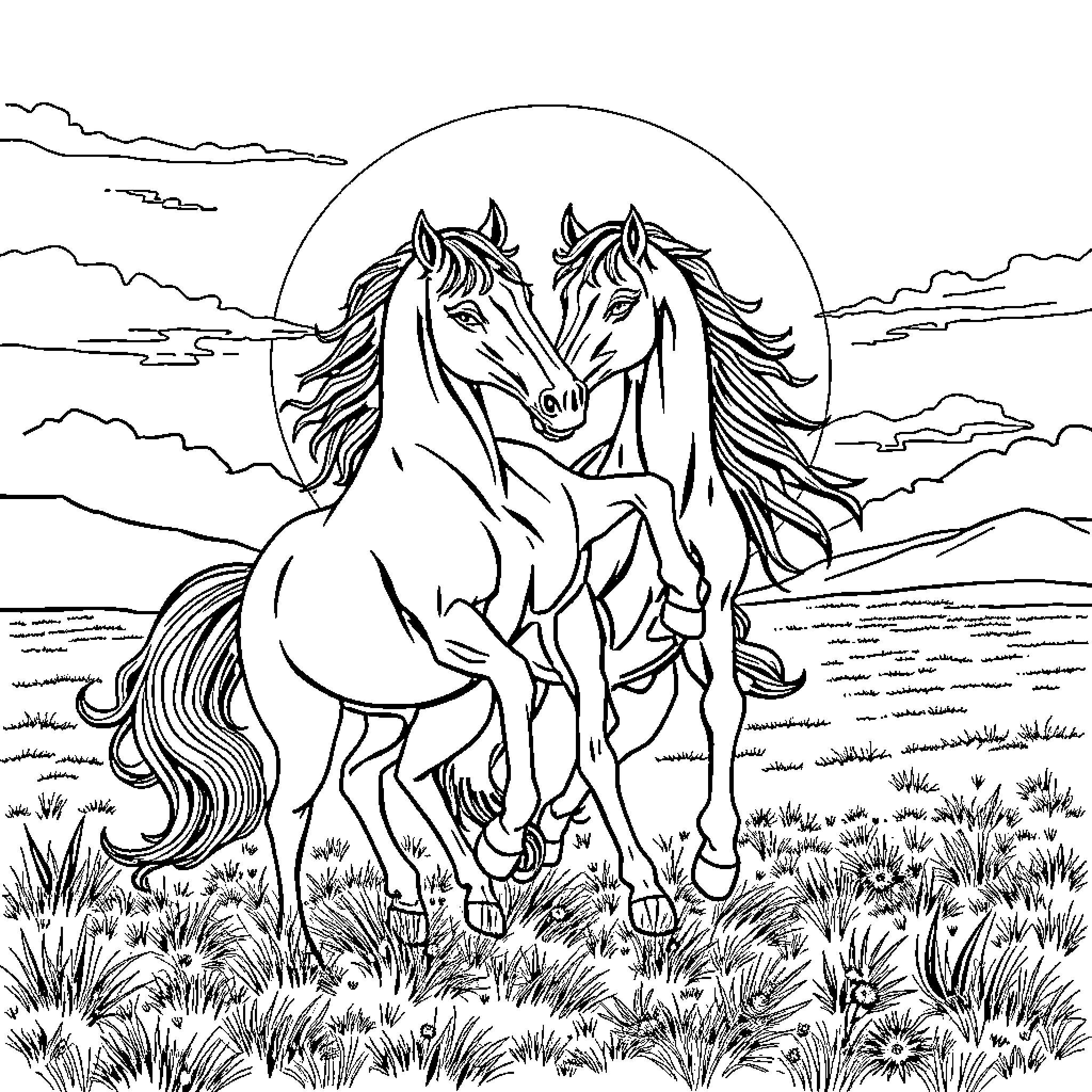 Mustang horses galloping together in the meadow Coloring Page (free black-and-white line drawing printable PDF for all, from beginners to advanced learners, including children, teens, adults, and seniors)