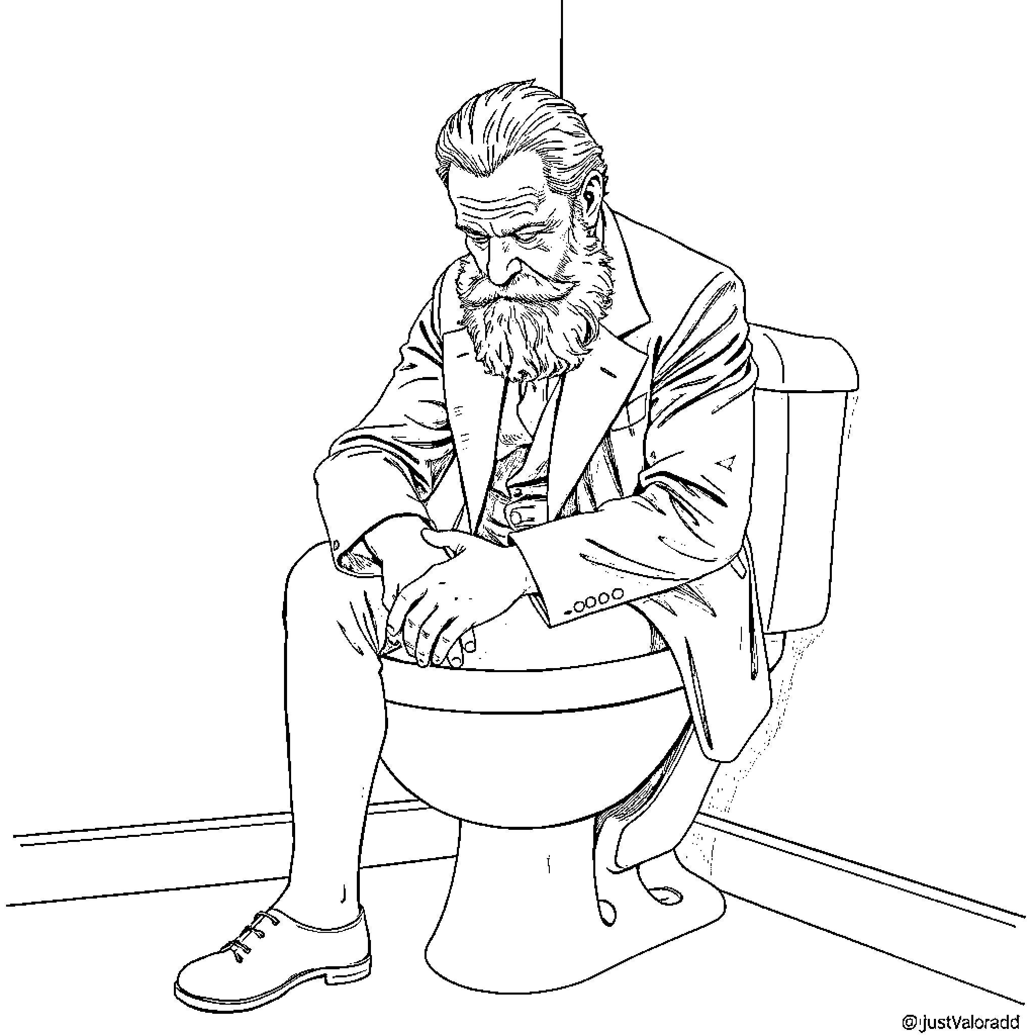 Sigmund Freud contemplating on the toilet Coloring Page (free black-and-white line drawing printable PDF for all, from beginners to advanced learners, including children, teens, adults, and seniors)