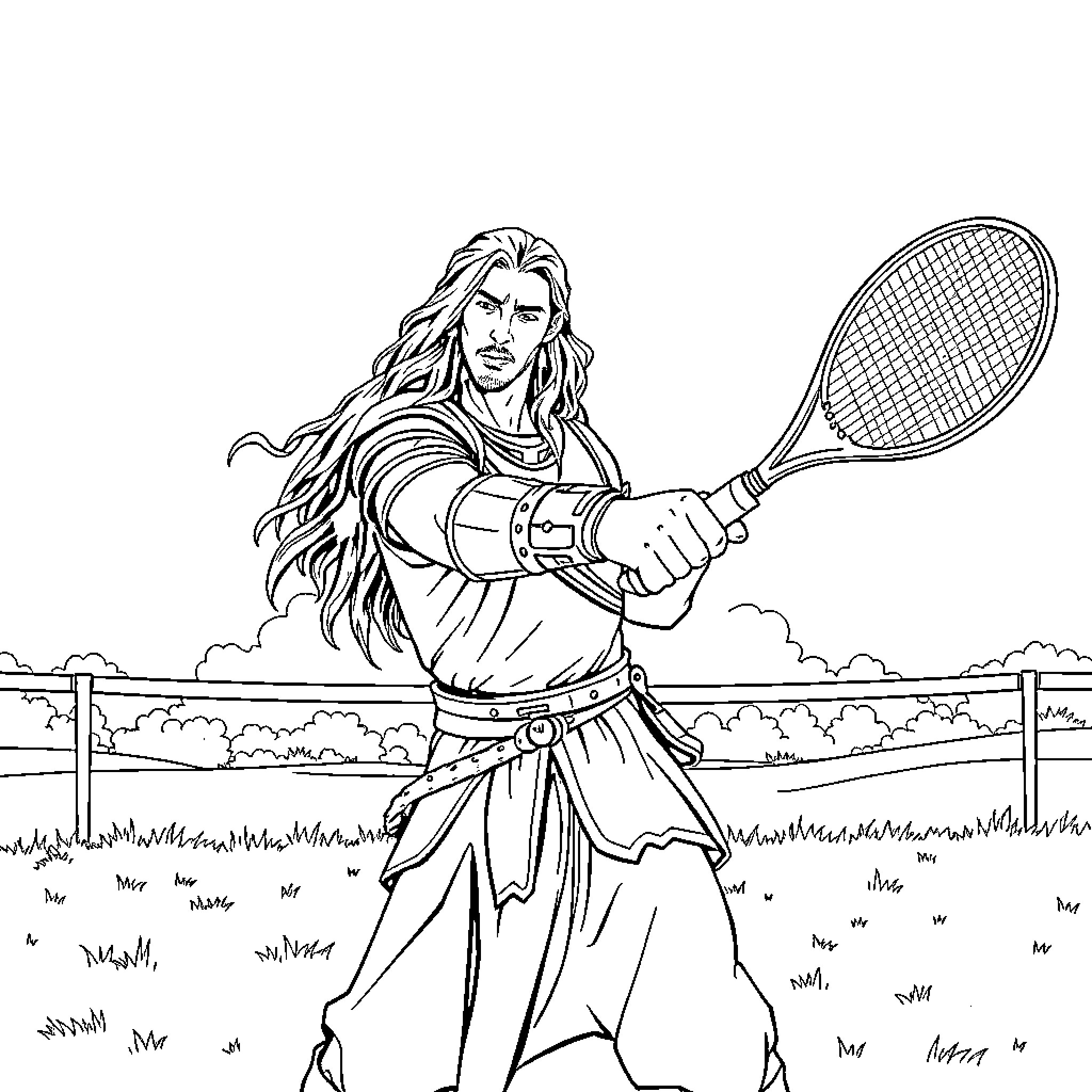 Aragorn, the Courageous Tennis Player on the Court Coloring Page (free black-and-white line drawing printable PDF for all, from beginners to advanced learners, including children, teens, adults, and seniors)