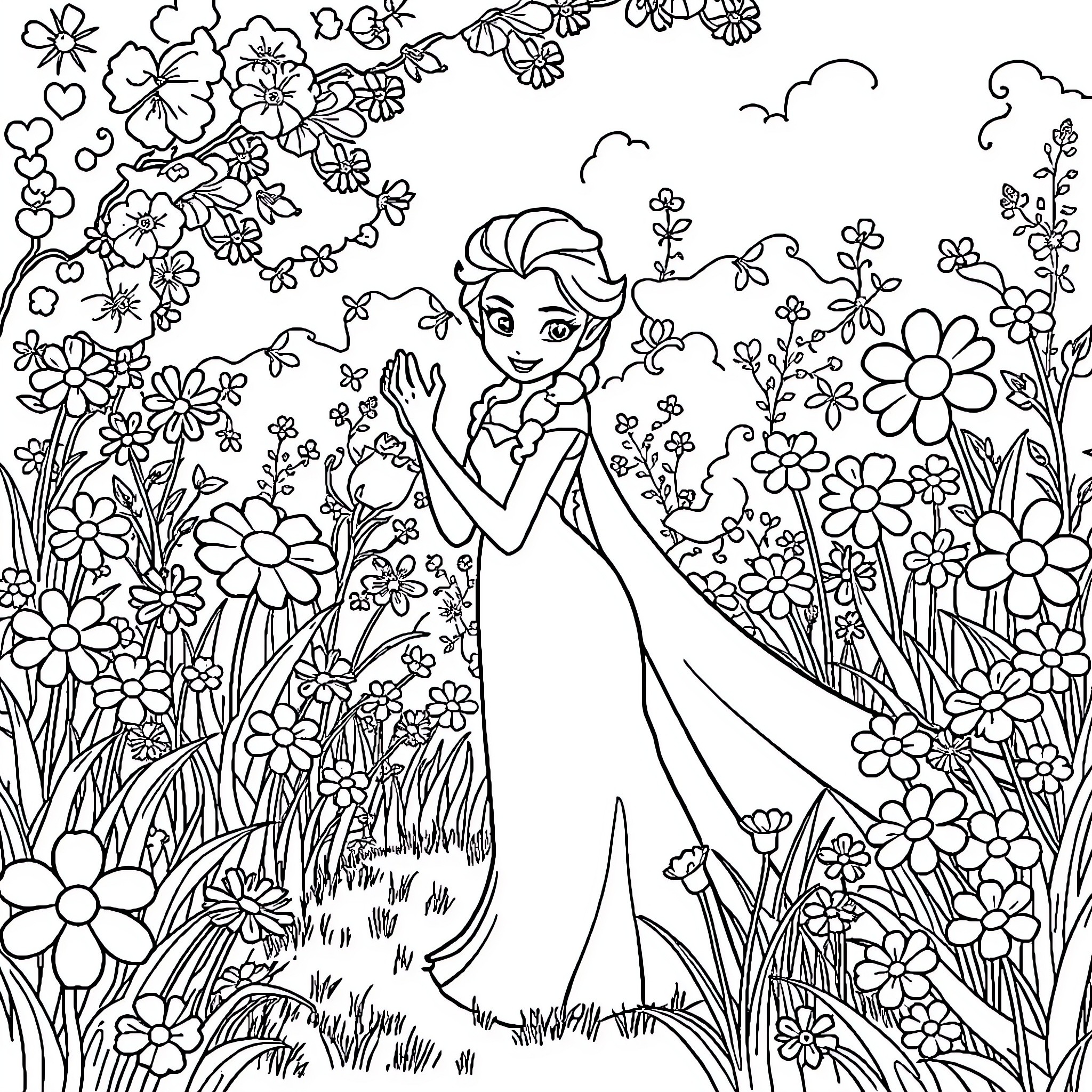 Elsa's Magical Floral Wonderland Coloring Page (free black-and-white line drawing printable PDF for all, from beginners to advanced learners, including children, teens, adults, and seniors)