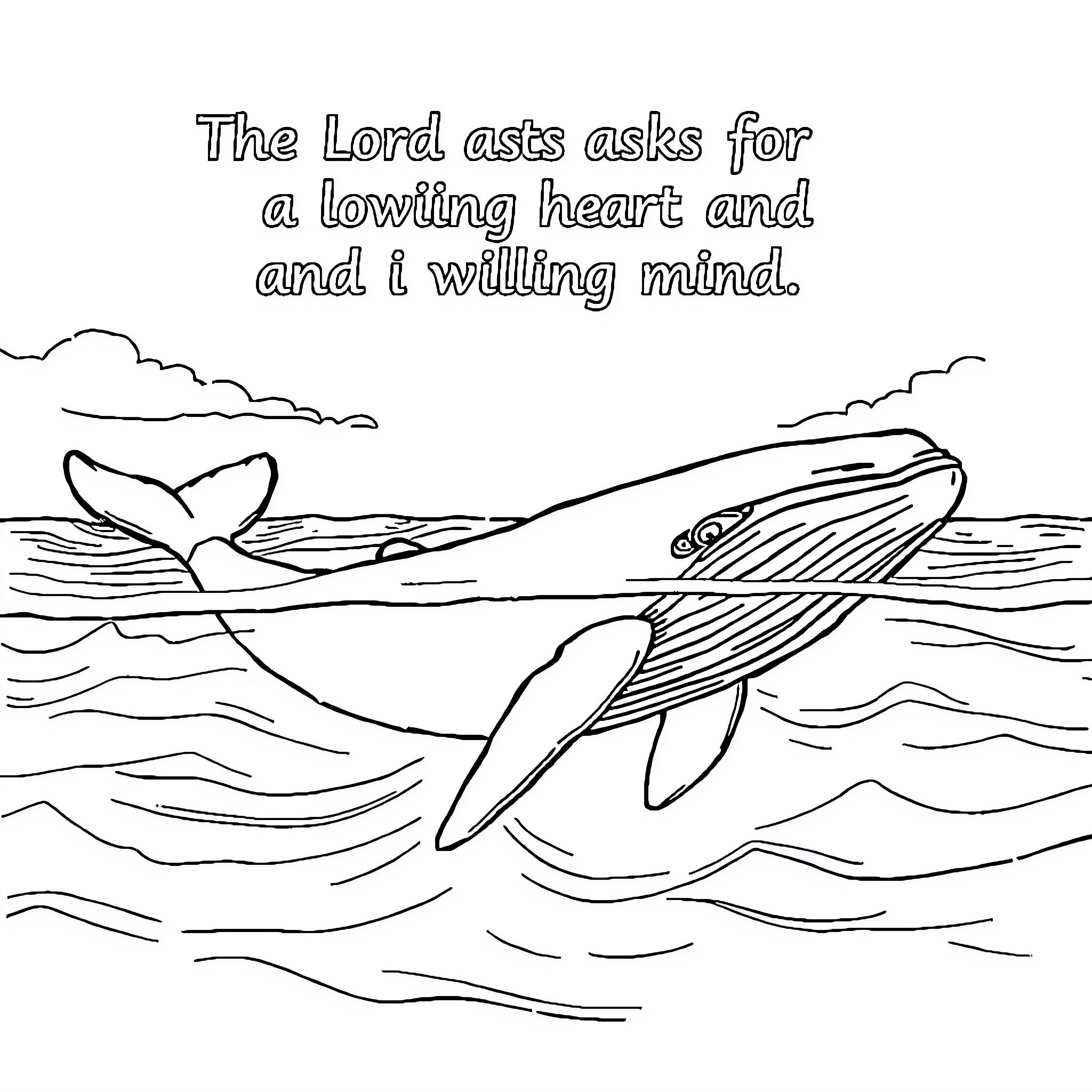 Whale with Willing Heart and Mind Coloring Page (free black-and-white line drawing printable PDF for all, from beginners to advanced learners, including children, teens, adults, and seniors)