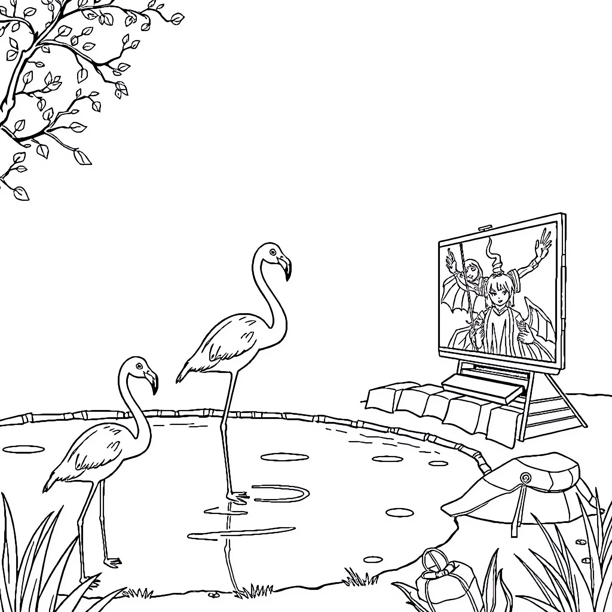 Flamingos by the Pond with Vintage Television Coloring Page (free black-and-white line drawing printable PDF for all, from beginners to advanced learners, including children, teens, adults, and seniors)