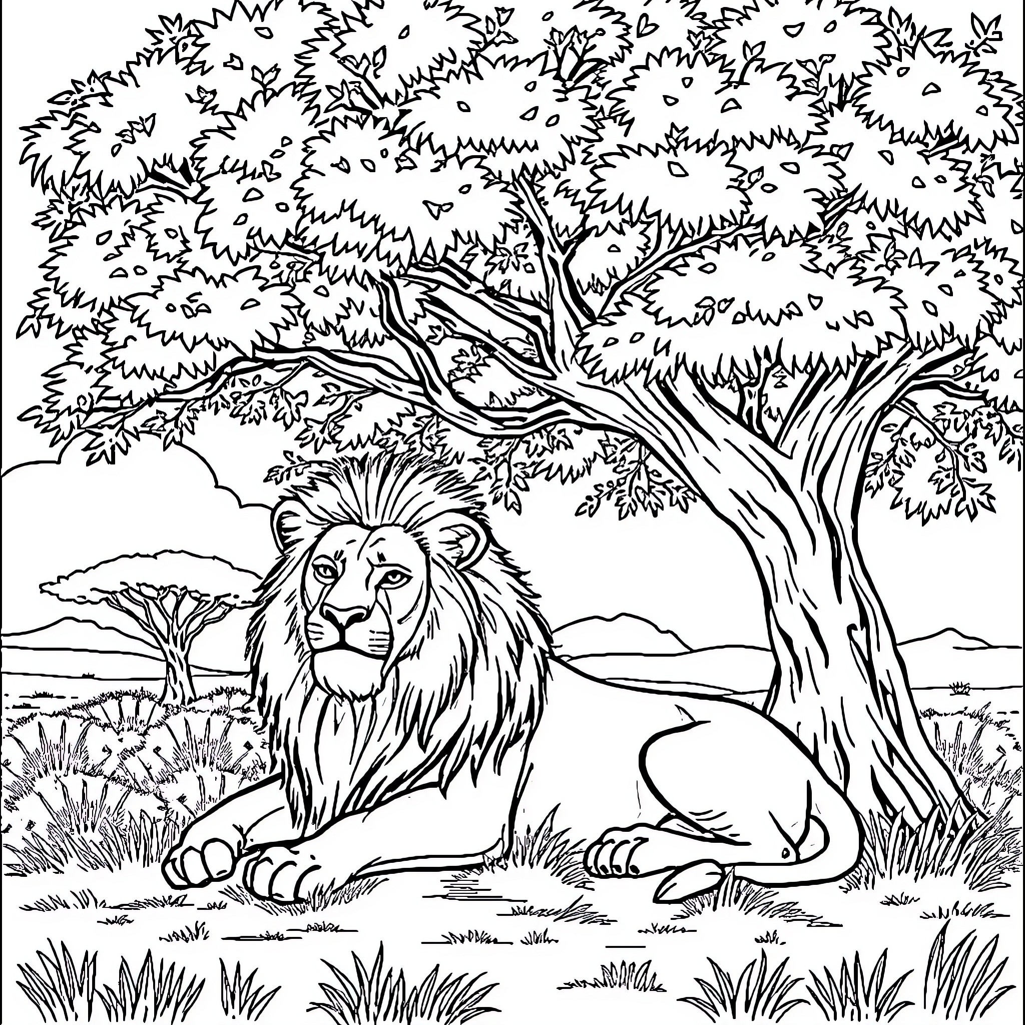Lion resting in the serene wilderness Coloring Page (free black-and-white line drawing printable PDF for all, from beginners to advanced learners, including children, teens, adults, and seniors)
