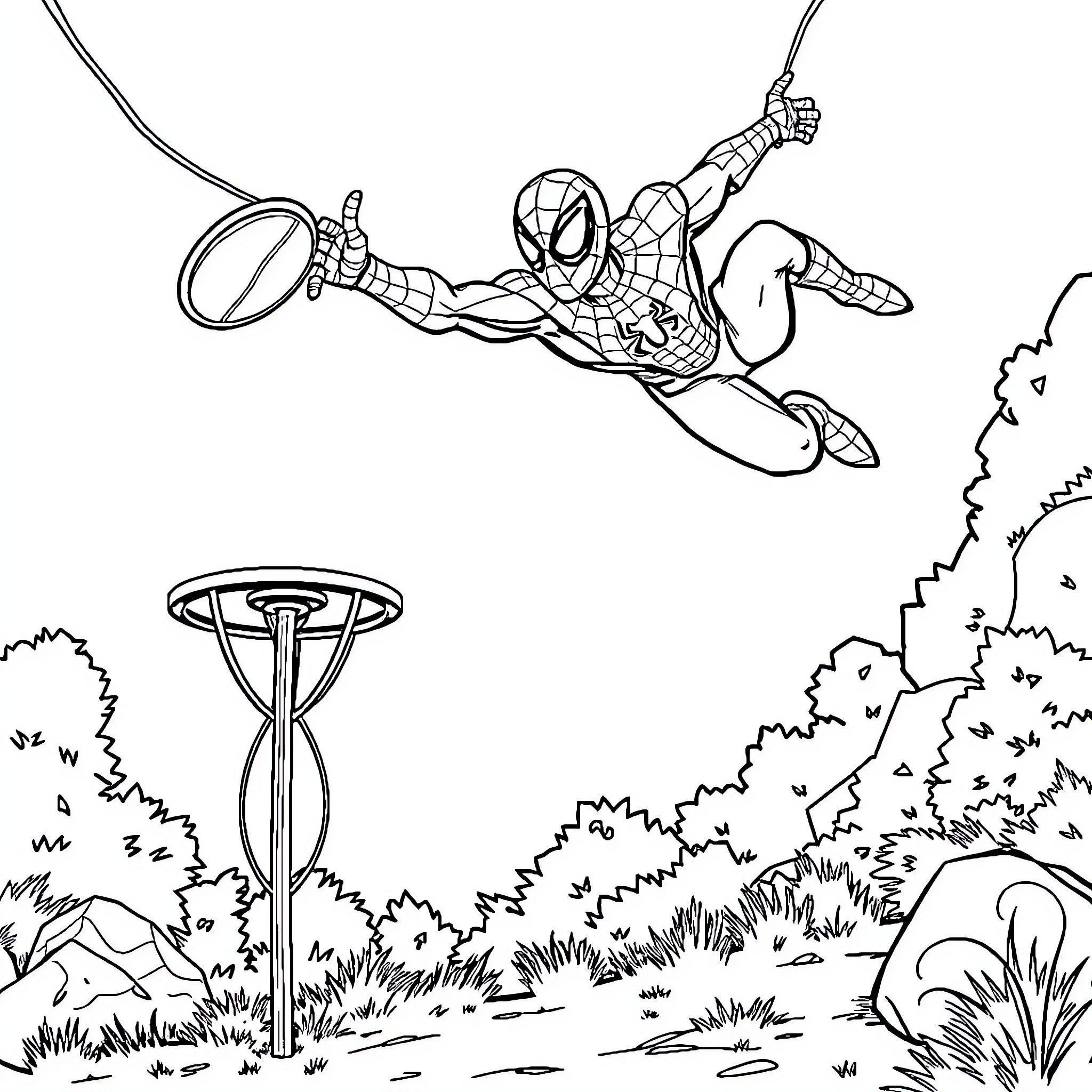 Spider-Man Swinging Through the City Skyline Coloring Page (free black-and-white line drawing printable PDF for all, from beginners to advanced learners, including children, teens, adults, and seniors)