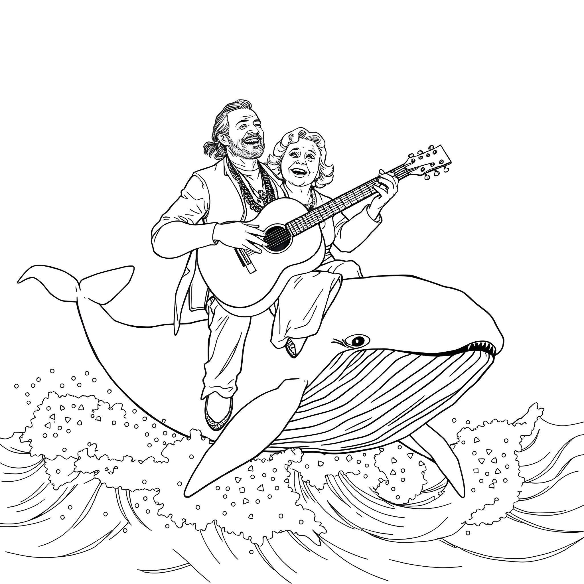 Willie Nelson singing with a woman on a whale Coloring Page (free black-and-white line drawing printable PDF for all, from beginners to advanced learners, including children, teens, adults, and seniors)