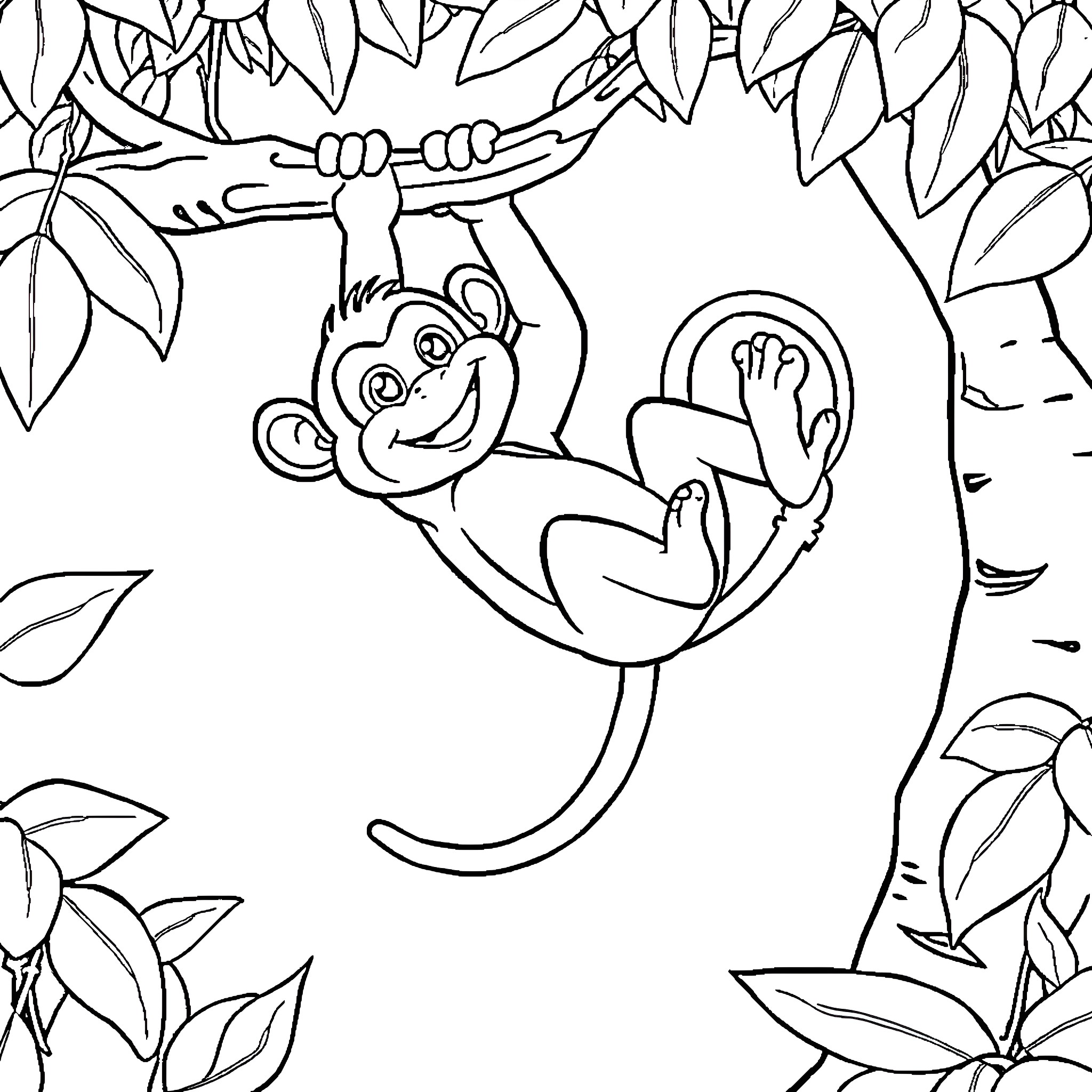 Monkey playing in the jungle Coloring Page (free black-and-white line drawing printable PDF for all, from beginners to advanced learners, including children, teens, adults, and seniors)