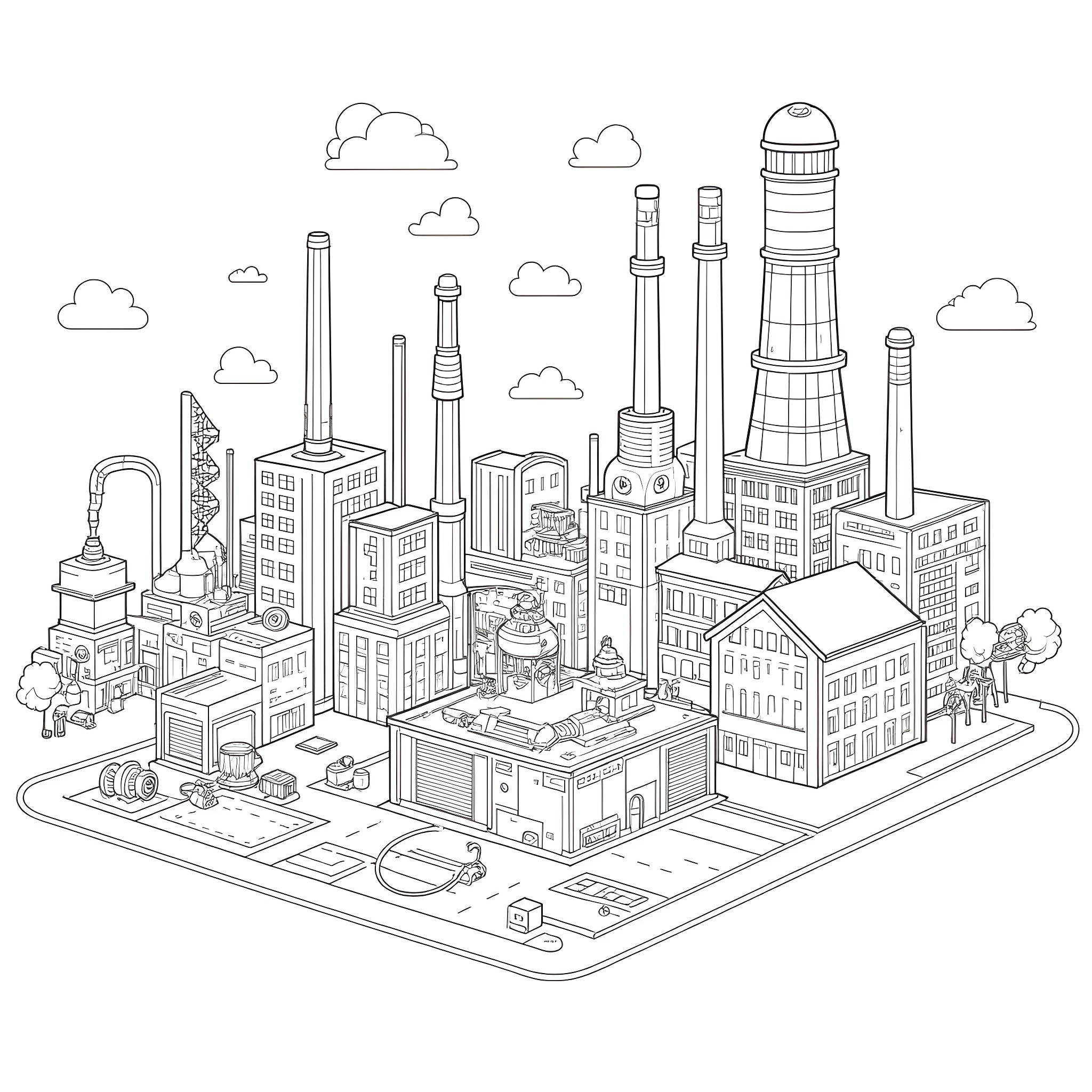 Industrial Revolution: Bustling Urban Landscape Coloring Page (free black-and-white line drawing printable PDF for all, from beginners to advanced learners, including children, teens, adults, and seniors)