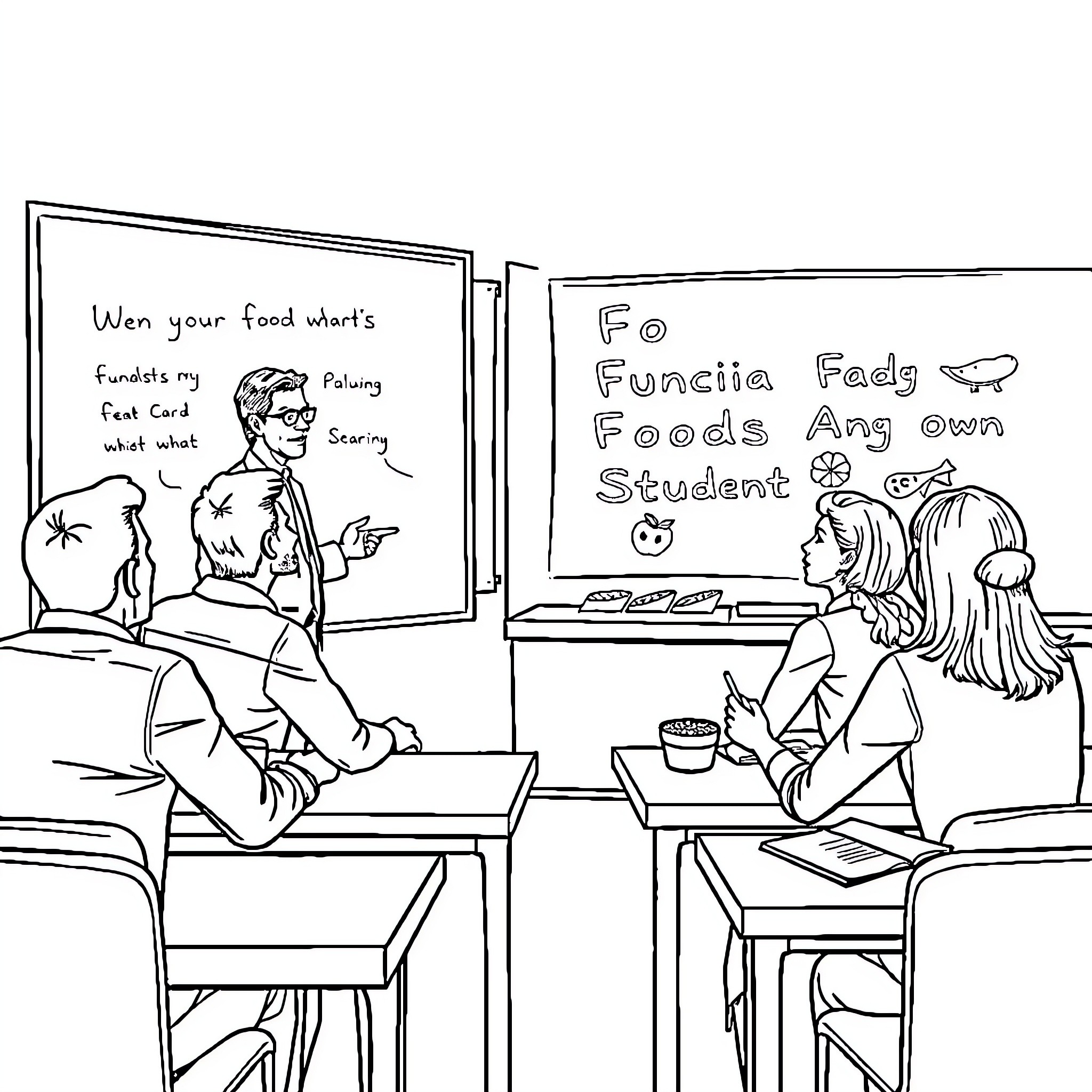 Teacher Guiding Students in Classroom Lesson Coloring Page (free black-and-white line drawing printable PDF for all, from beginners to advanced learners, including children, teens, adults, and seniors)