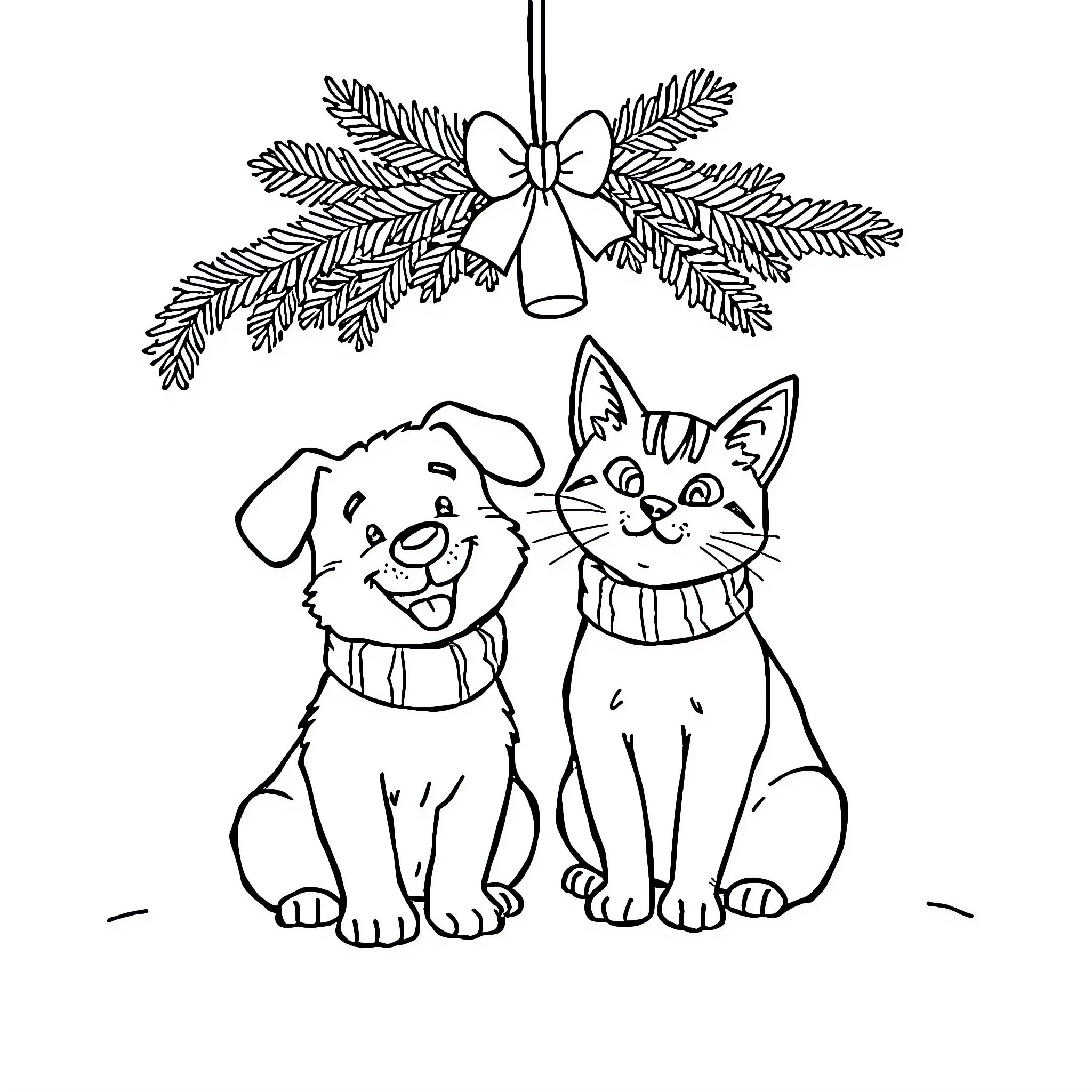 Dog and Cat wearing Christmas Scarves under Wreath Coloring Page (free black-and-white line drawing printable PDF for all, from beginners to advanced learners, including children, teens, adults, and seniors)