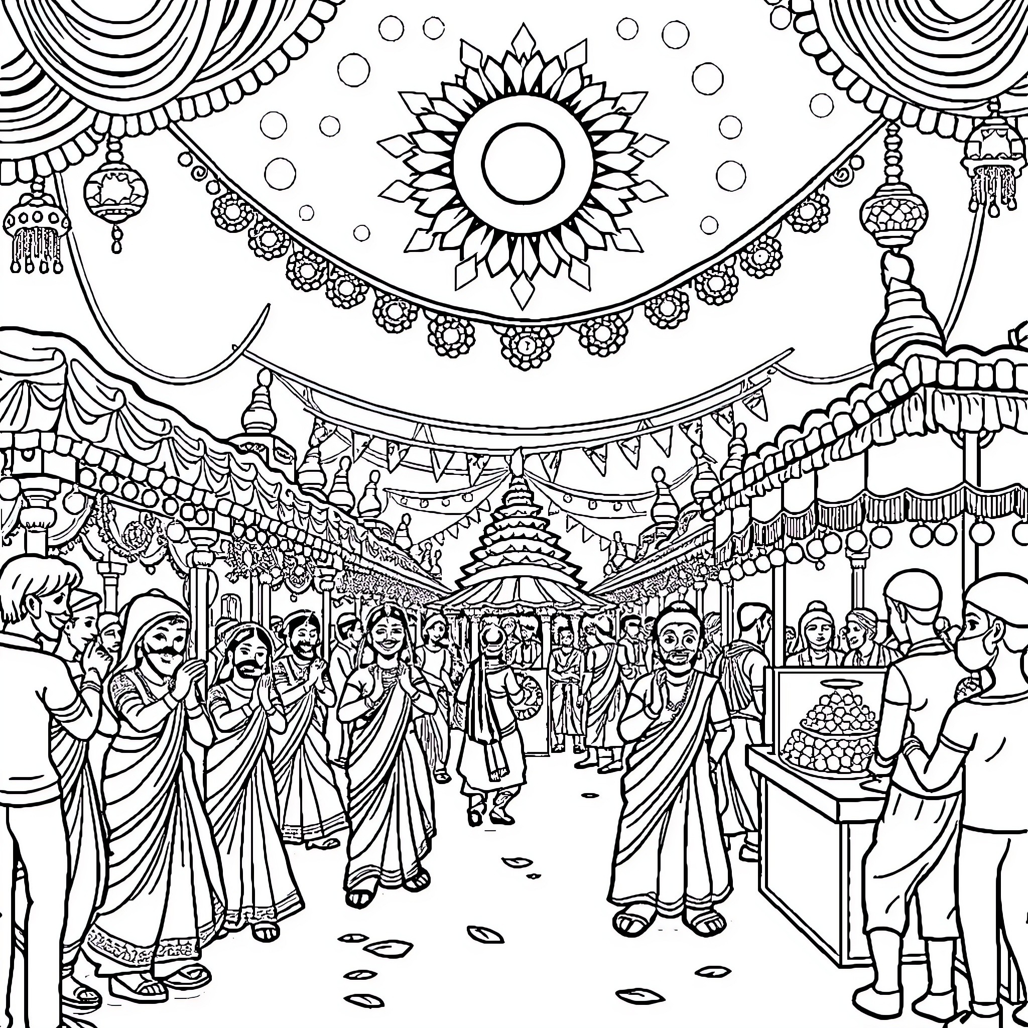 Festival of Celebrations with Vibrant Decorations Coloring Page (free black-and-white line drawing printable PDF for all, from beginners to advanced learners, including children, teens, adults, and seniors)