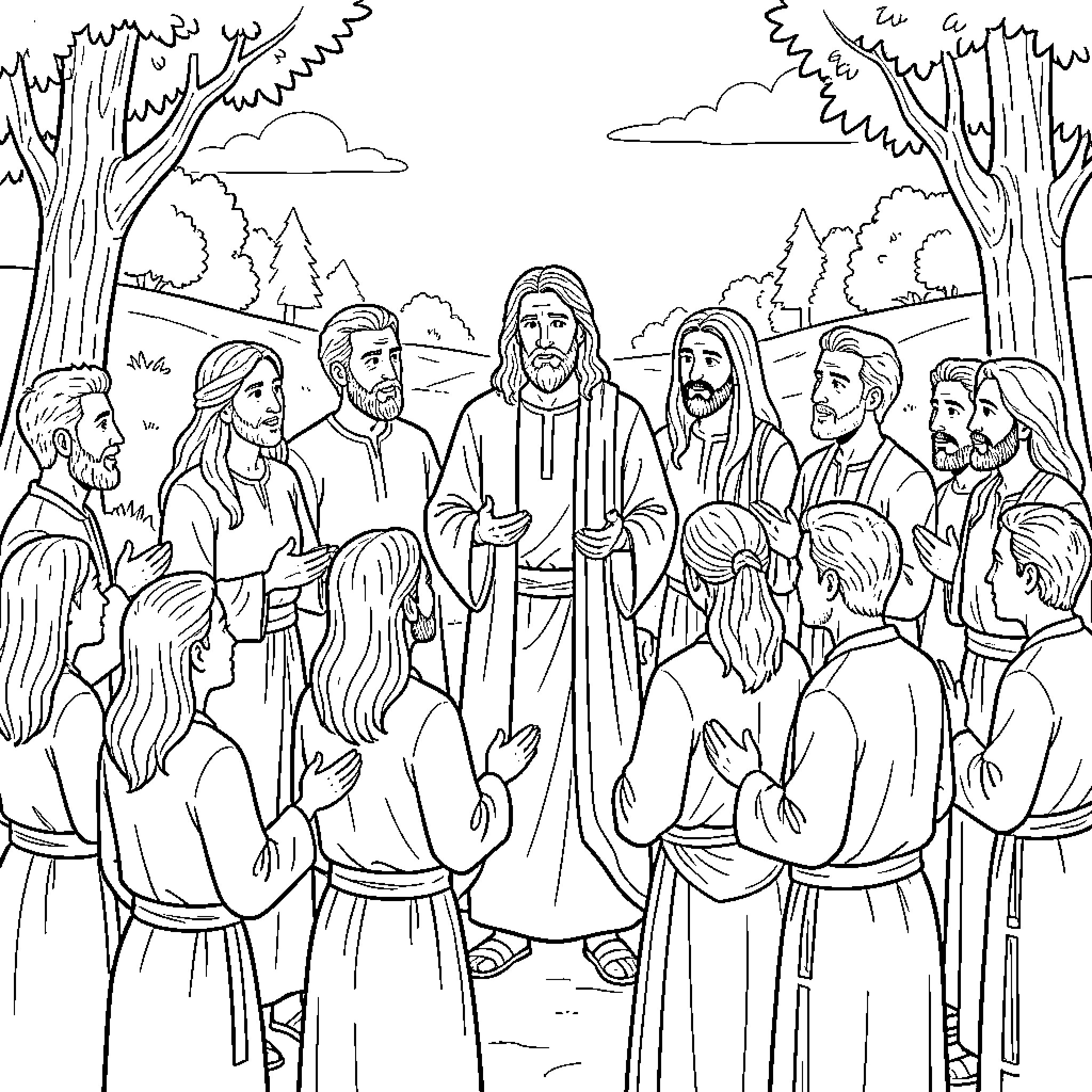 Jesus teaching a group of followers outdoors Coloring Page (free black-and-white line drawing printable PDF for all, from beginners to advanced learners, including children, teens, adults, and seniors)