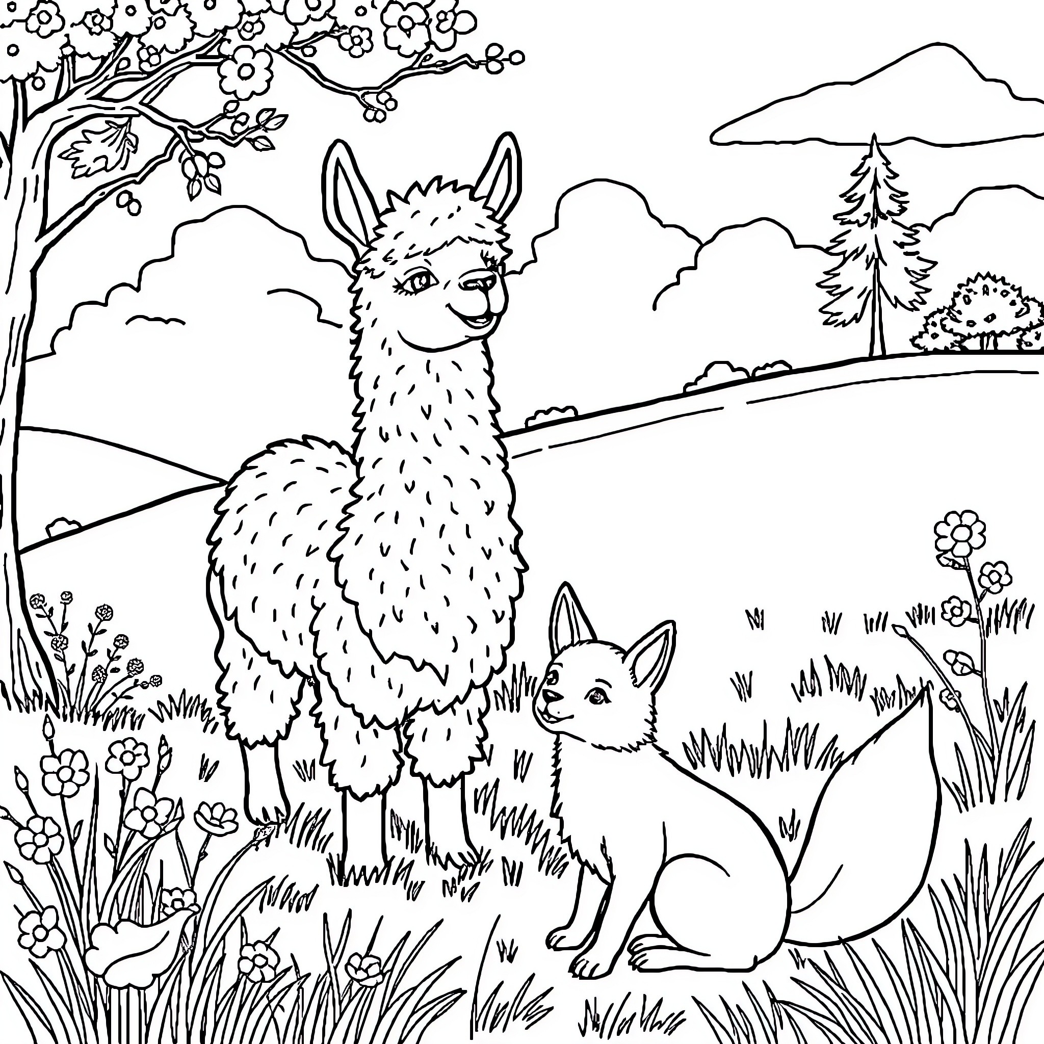 Alpacas enjoying the spring landscape Coloring Page (free black-and-white line drawing printable PDF for all, from beginners to advanced learners, including children, teens, adults, and seniors)