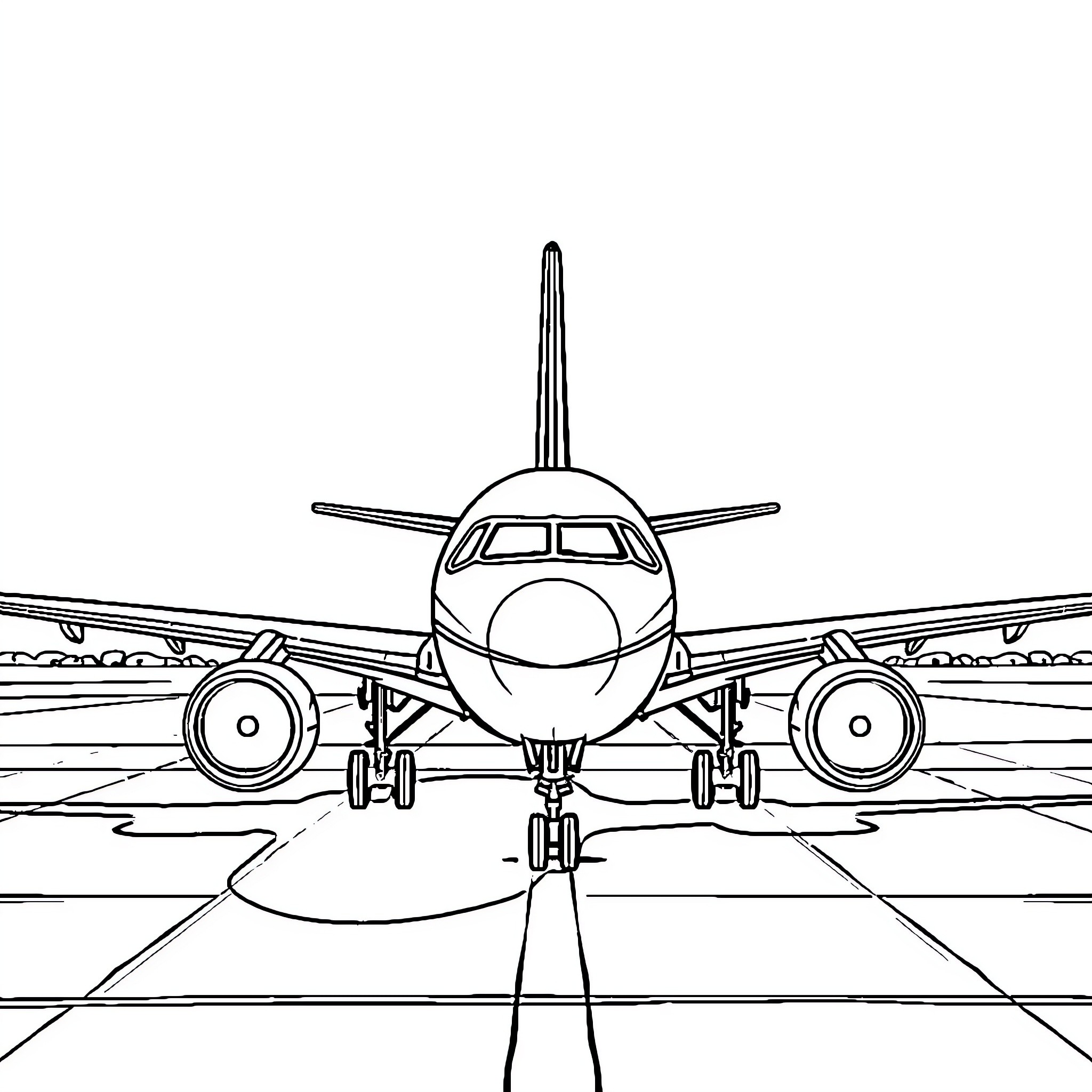 Avión preparándose para aterrizar en la pista Coloring Page (free black-and-white line drawing printable PDF for all, from beginners to advanced learners, including children, teens, adults, and seniors)