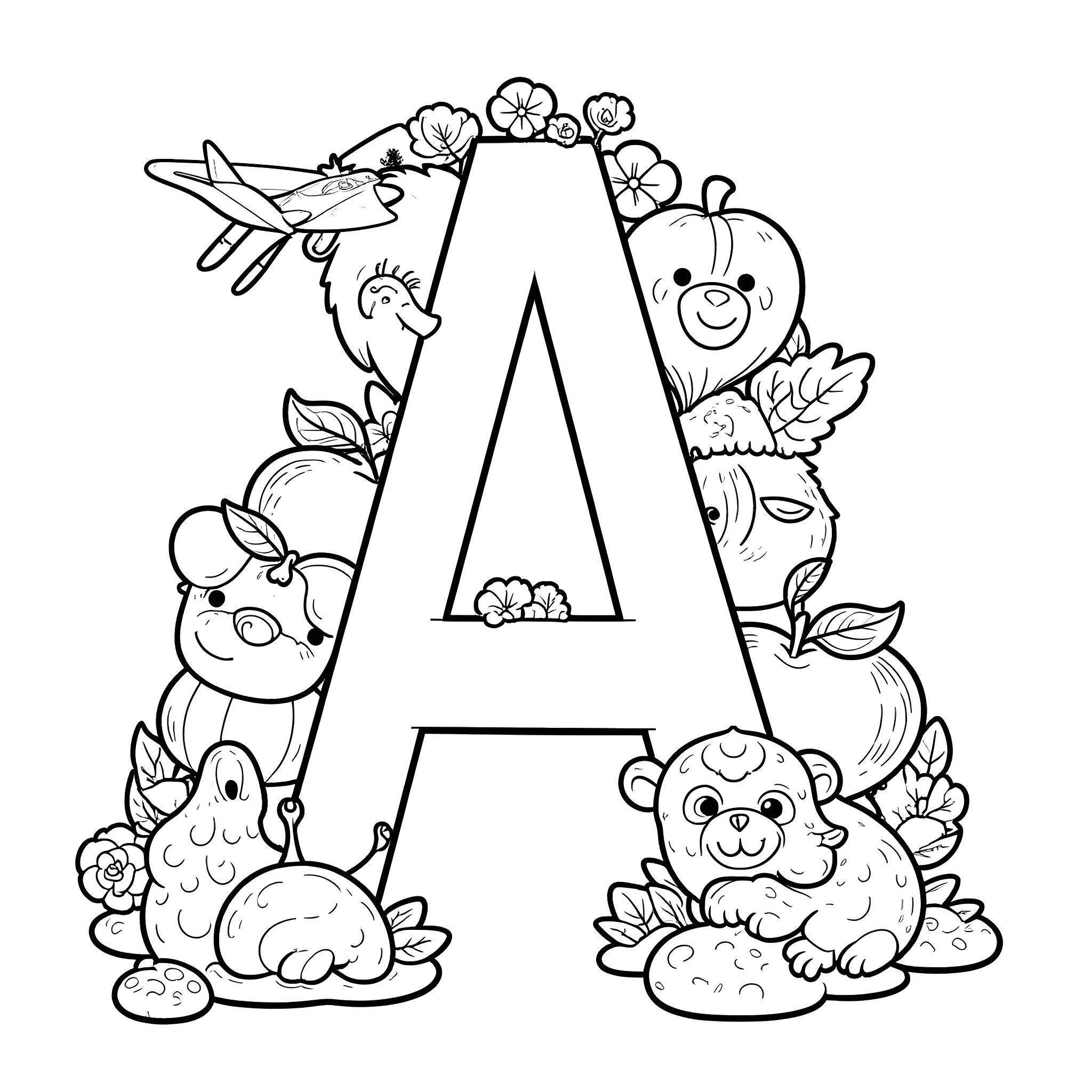 Letter A with Adorable Animal Illustrations Coloring Page (free black-and-white line drawing printable PDF for all, from beginners to advanced learners, including children, teens, adults, and seniors)