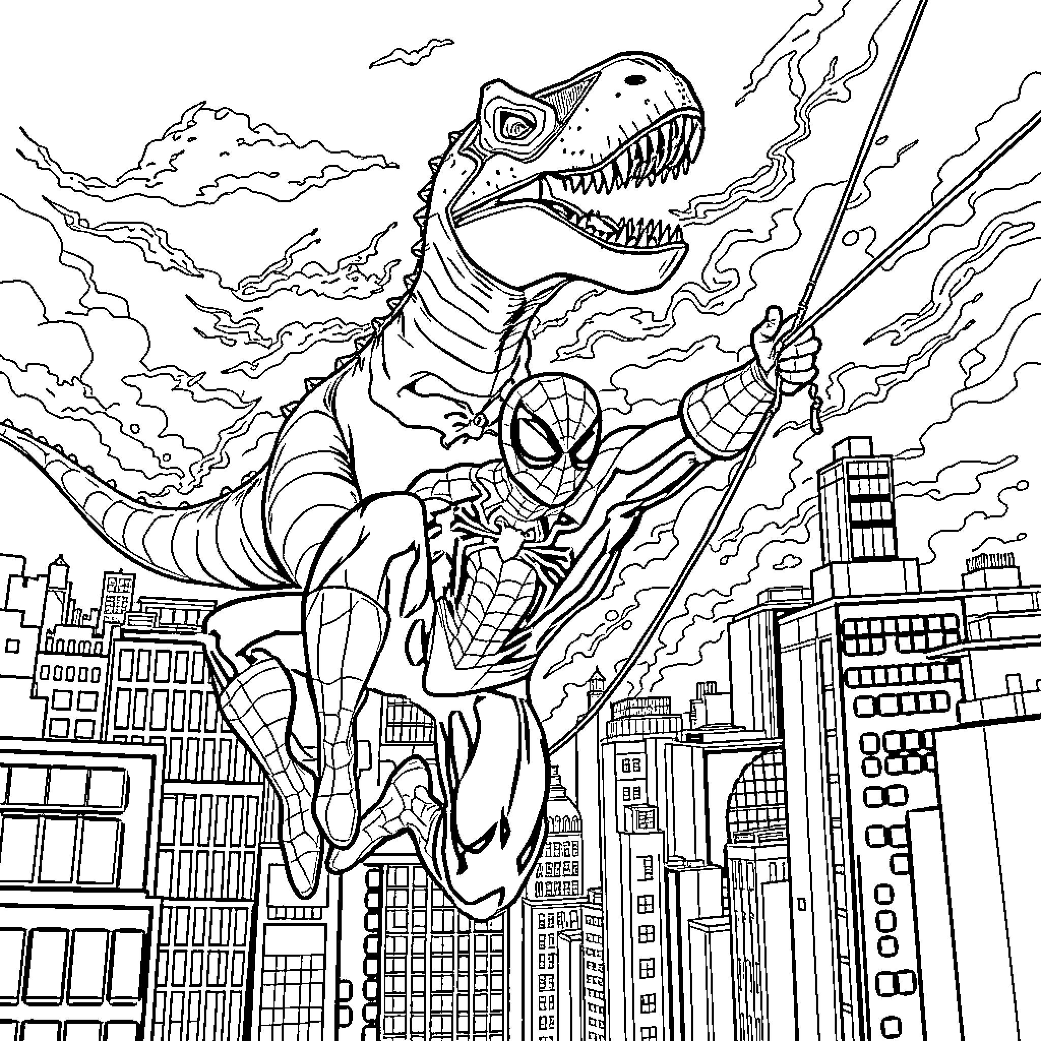 Spiderman confronting a giant dinosaur in the city Coloring Page (free black-and-white line drawing printable PDF for all, from beginners to advanced learners, including children, teens, adults, and seniors)