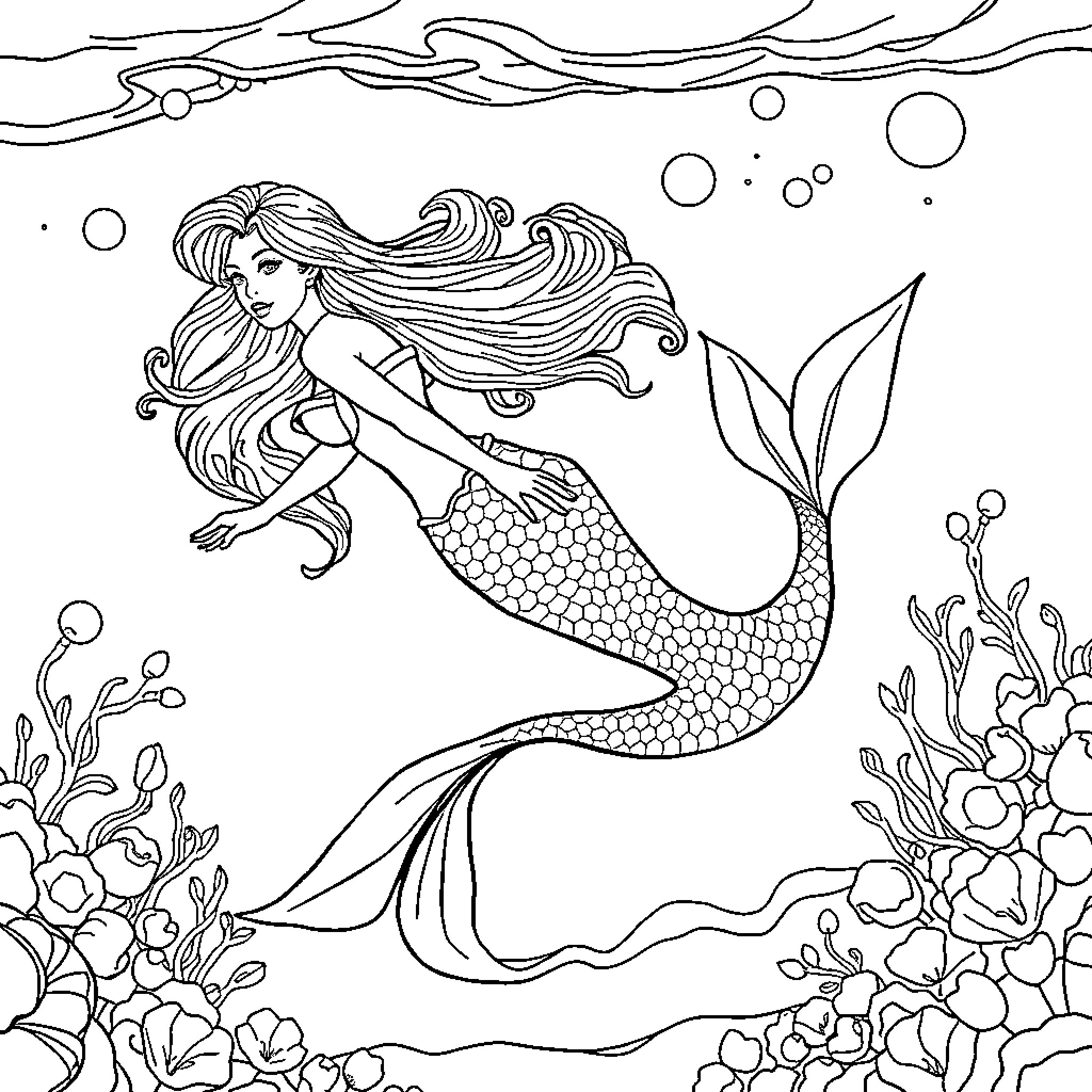 Mermaid swimming gracefully through the underwater seascape Coloring Page (free black-and-white line drawing printable PDF for all, from beginners to advanced learners, including children, teens, adults, and seniors)