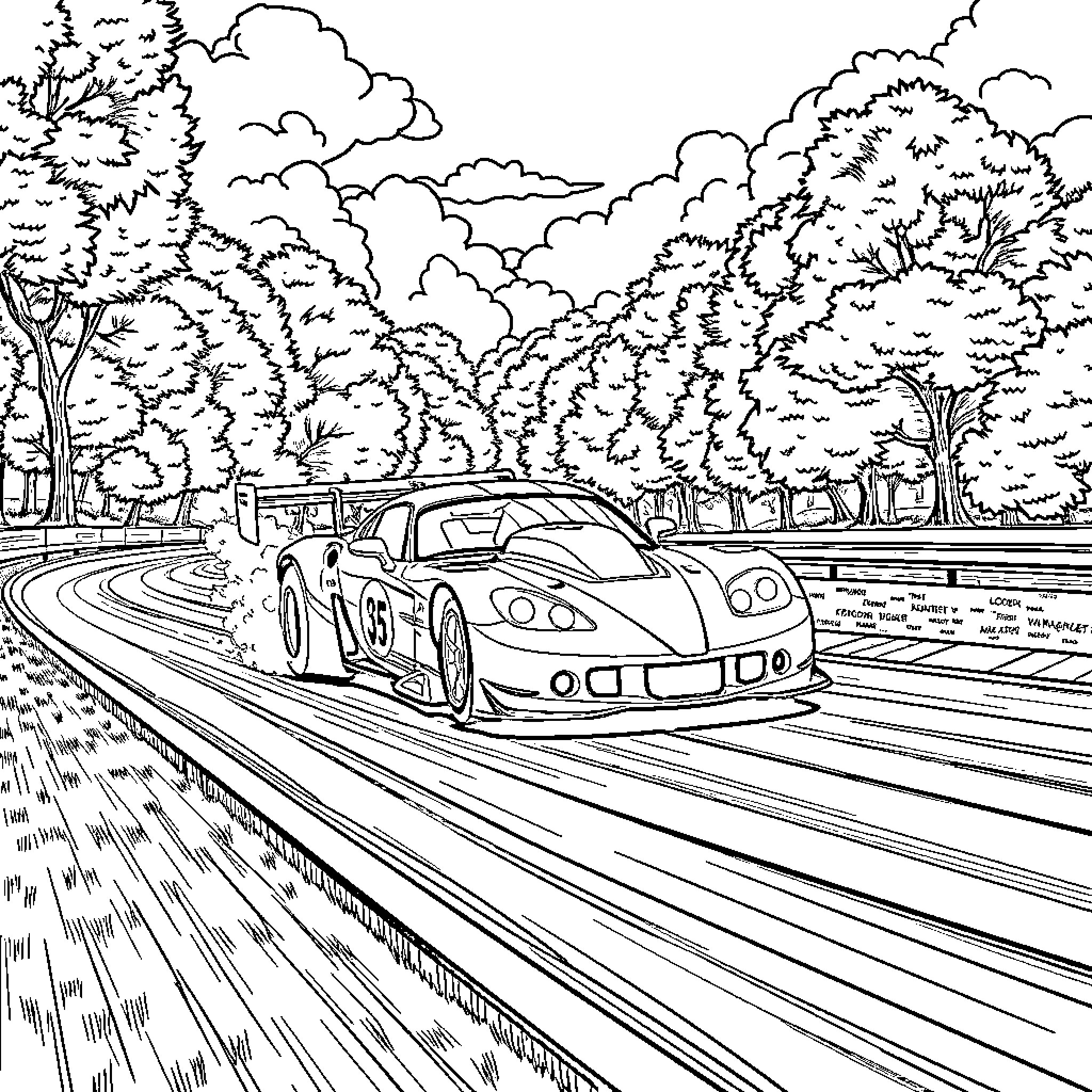 Dragcar racing through a forested track Coloring Page (free black-and-white line drawing printable PDF for all, from beginners to advanced learners, including children, teens, adults, and seniors)