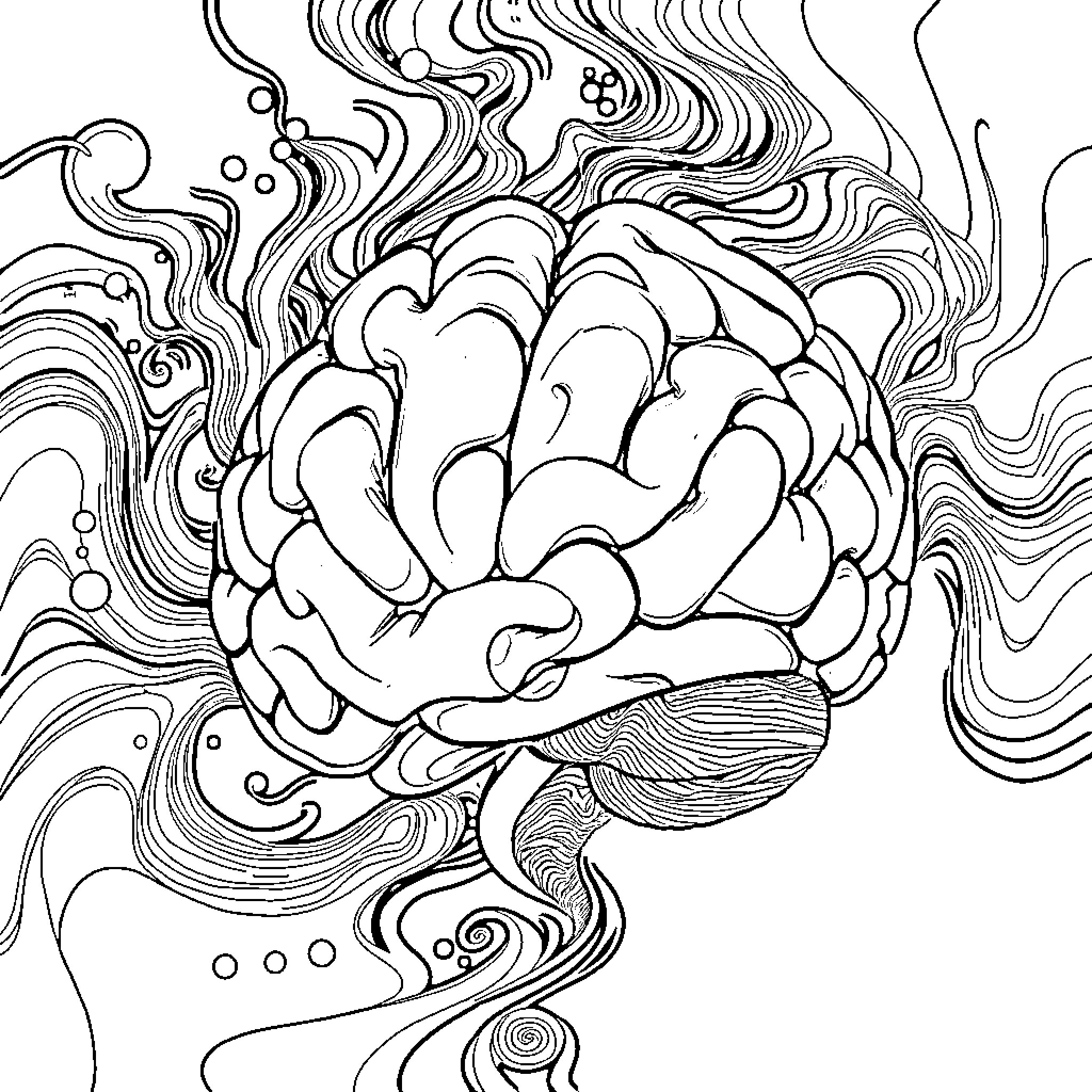 Brainrot: Abstract Cerebral Eruption Coloring Page (free black-and-white line drawing printable PDF for all, from beginners to advanced learners, including children, teens, adults, and seniors)