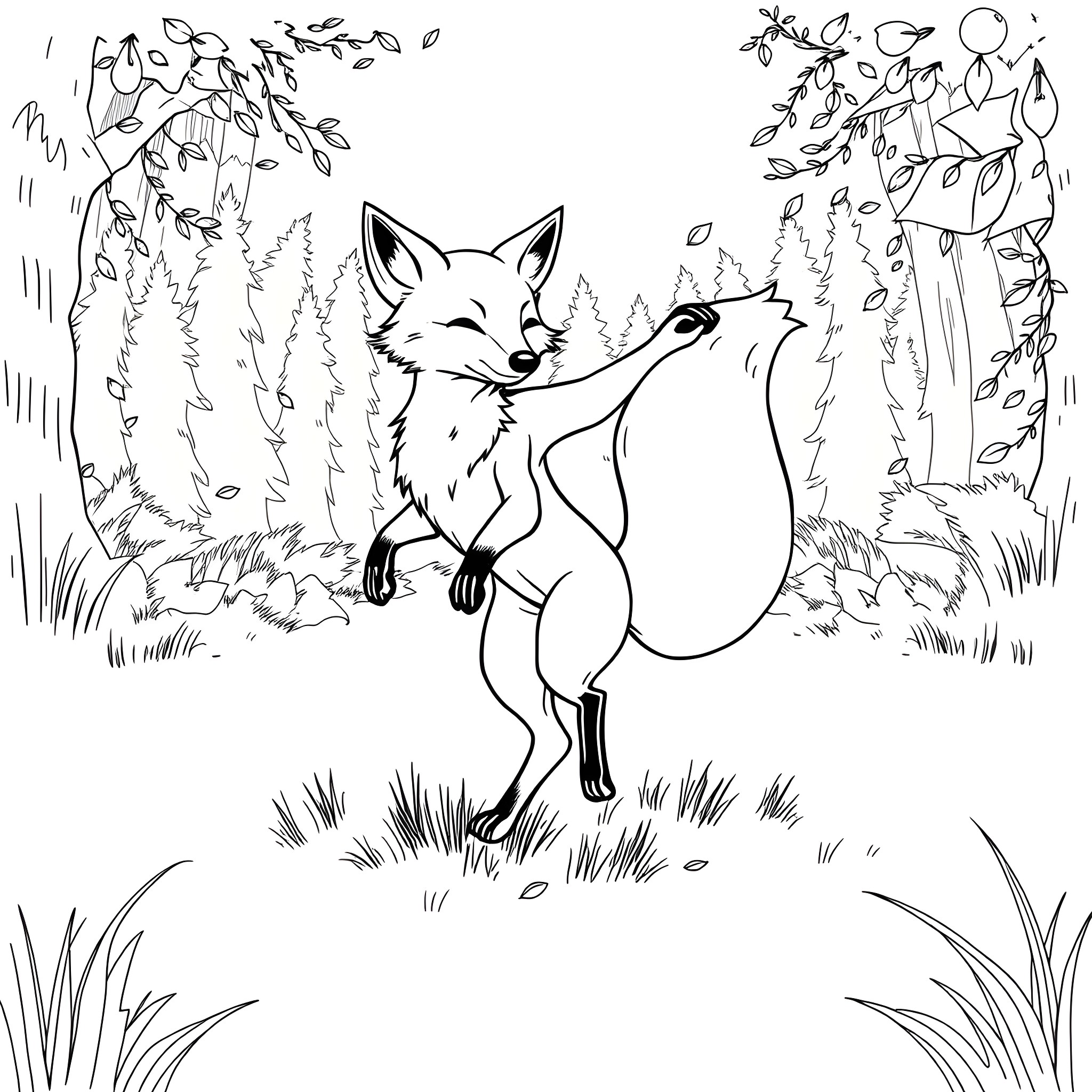 Fox exploring the forest with birds Coloring Page (free black-and-white line drawing printable PDF for all, from beginners to advanced learners, including children, teens, adults, and seniors)