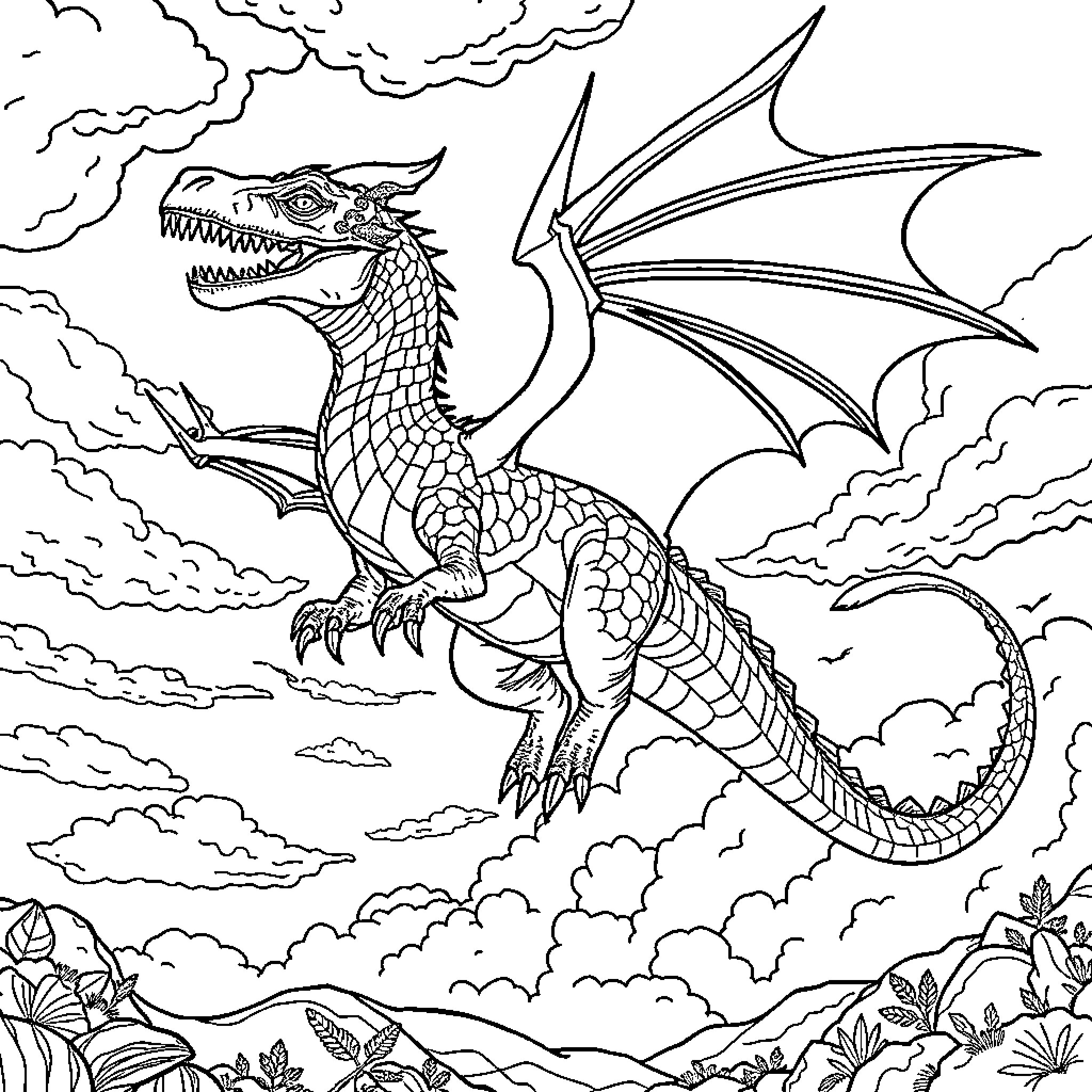 Dinosaur soaring through stormy clouds Coloring Page (free black-and-white line drawing printable PDF for all, from beginners to advanced learners, including children, teens, adults, and seniors)