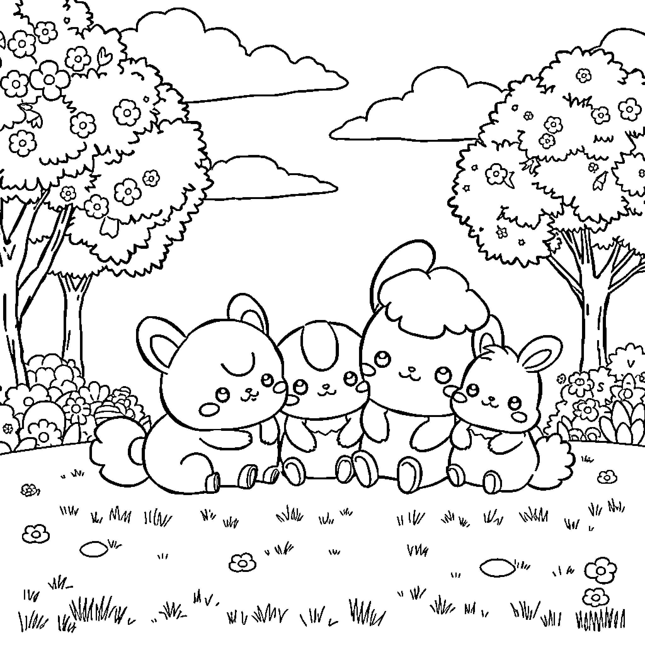 Cinammoroll playing with friends in the forest Coloring Page (free black-and-white line drawing printable PDF for all, from beginners to advanced learners, including children, teens, adults, and seniors)