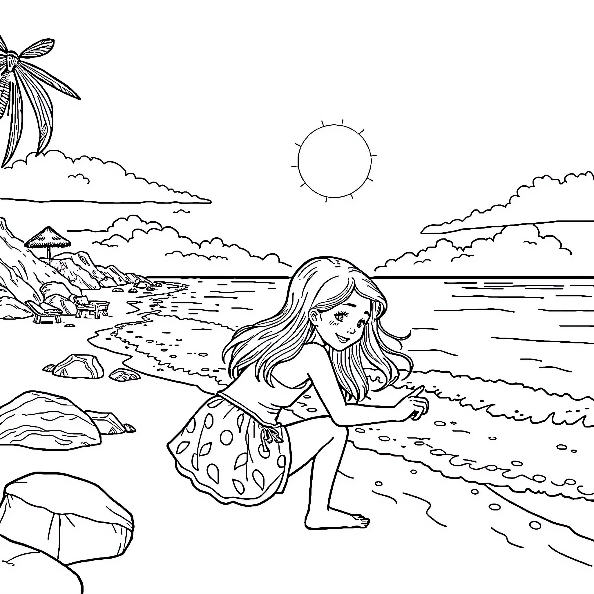 Girl exploring the beach on a sunny day Coloring Page (free black-and-white line drawing printable PDF for all, from beginners to advanced learners, including children, teens, adults, and seniors)