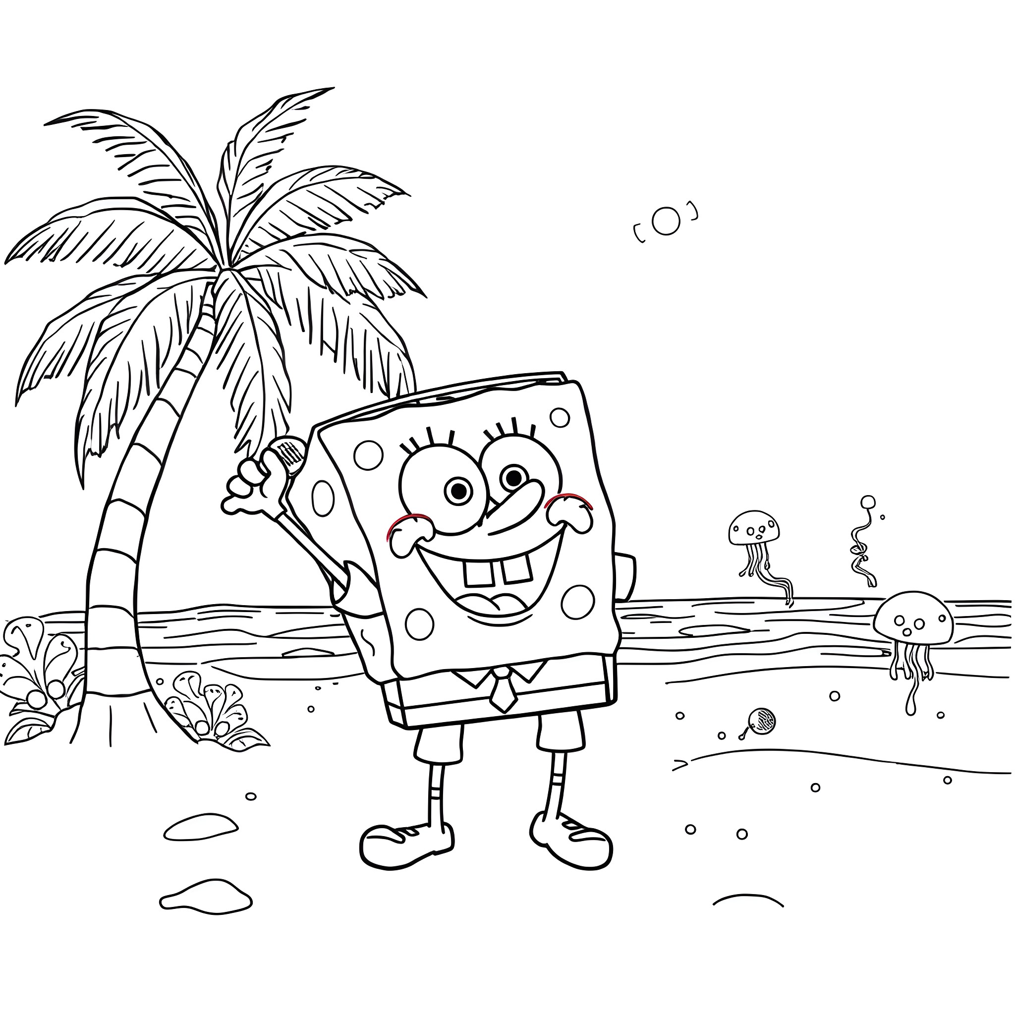 Spongebob enjoying a tropical beach day Coloring Page (free black-and-white line drawing printable PDF for all, from beginners to advanced learners, including children, teens, adults, and seniors)