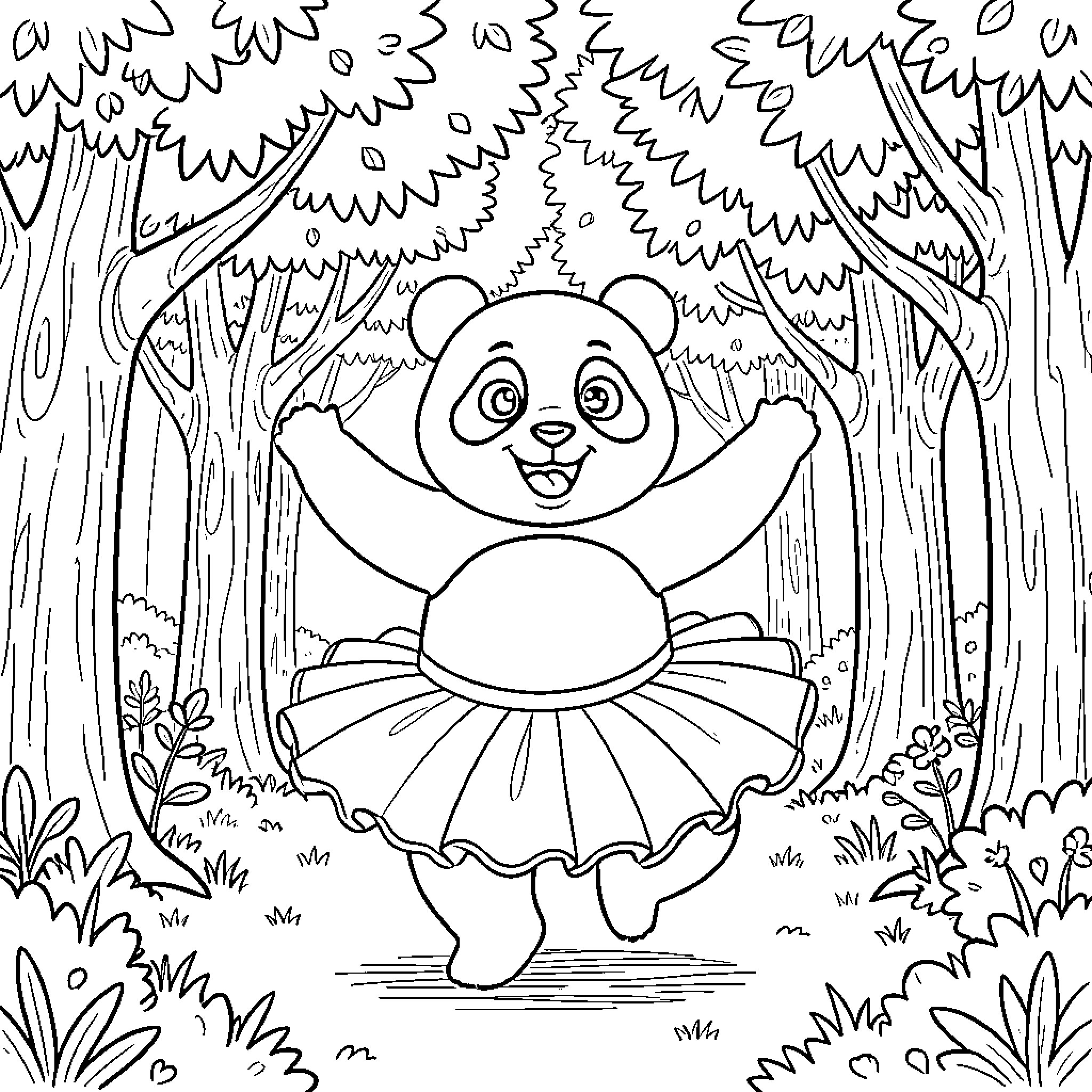 Panda dancing in the forest Coloring Page (free black-and-white line drawing printable PDF for all, from beginners to advanced learners, including children, teens, adults, and seniors)