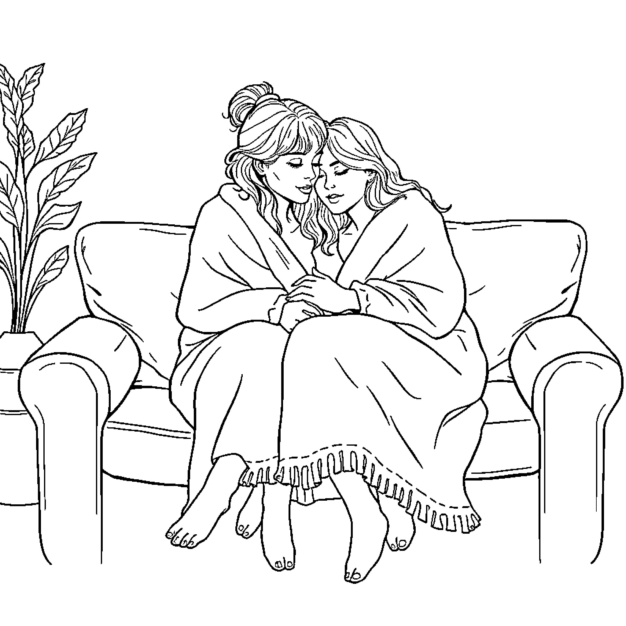 Lesbian Couple Embracing Tenderly on Couch Coloring Page (free black-and-white line drawing printable PDF for all, from beginners to advanced learners, including children, teens, adults, and seniors)