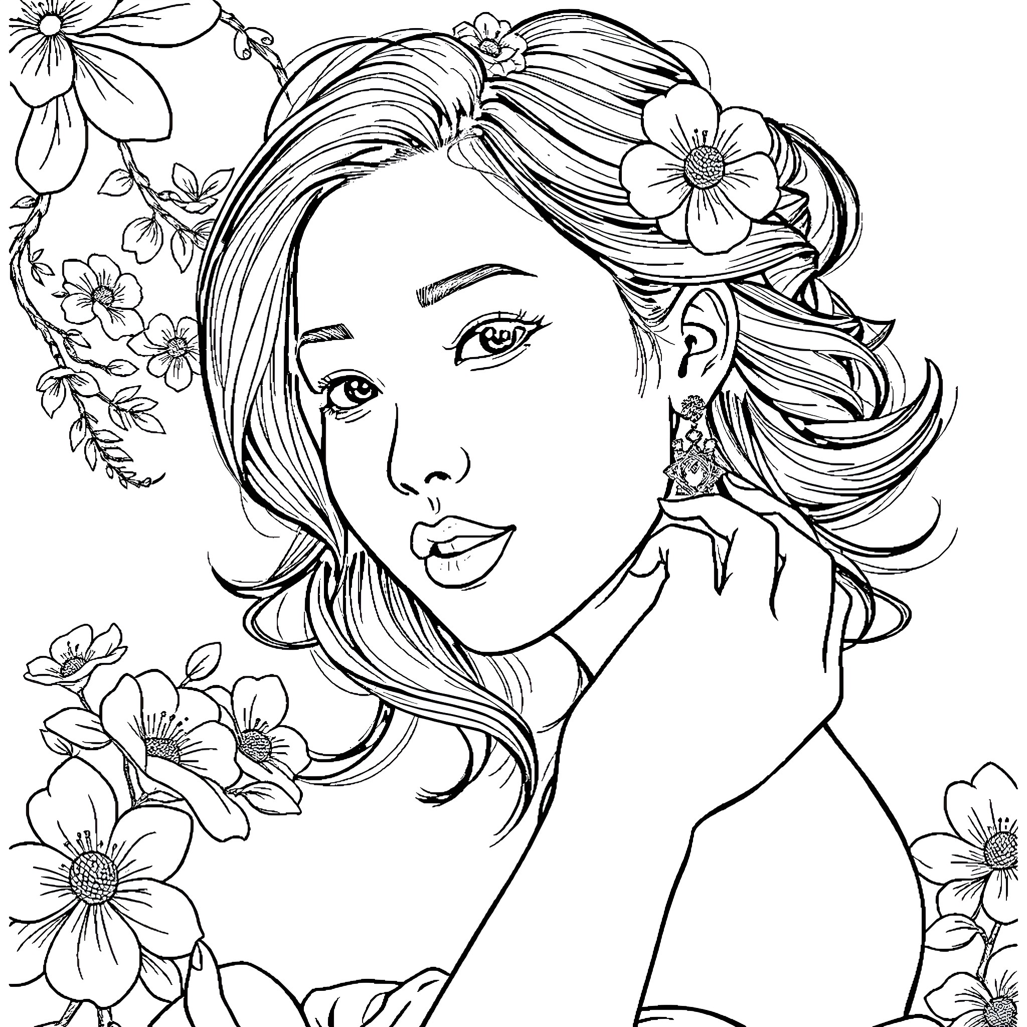 Woman with floral hair and dreamy expression Coloring Page (free black-and-white line drawing printable PDF for all, from beginners to advanced learners, including children, teens, adults, and seniors)