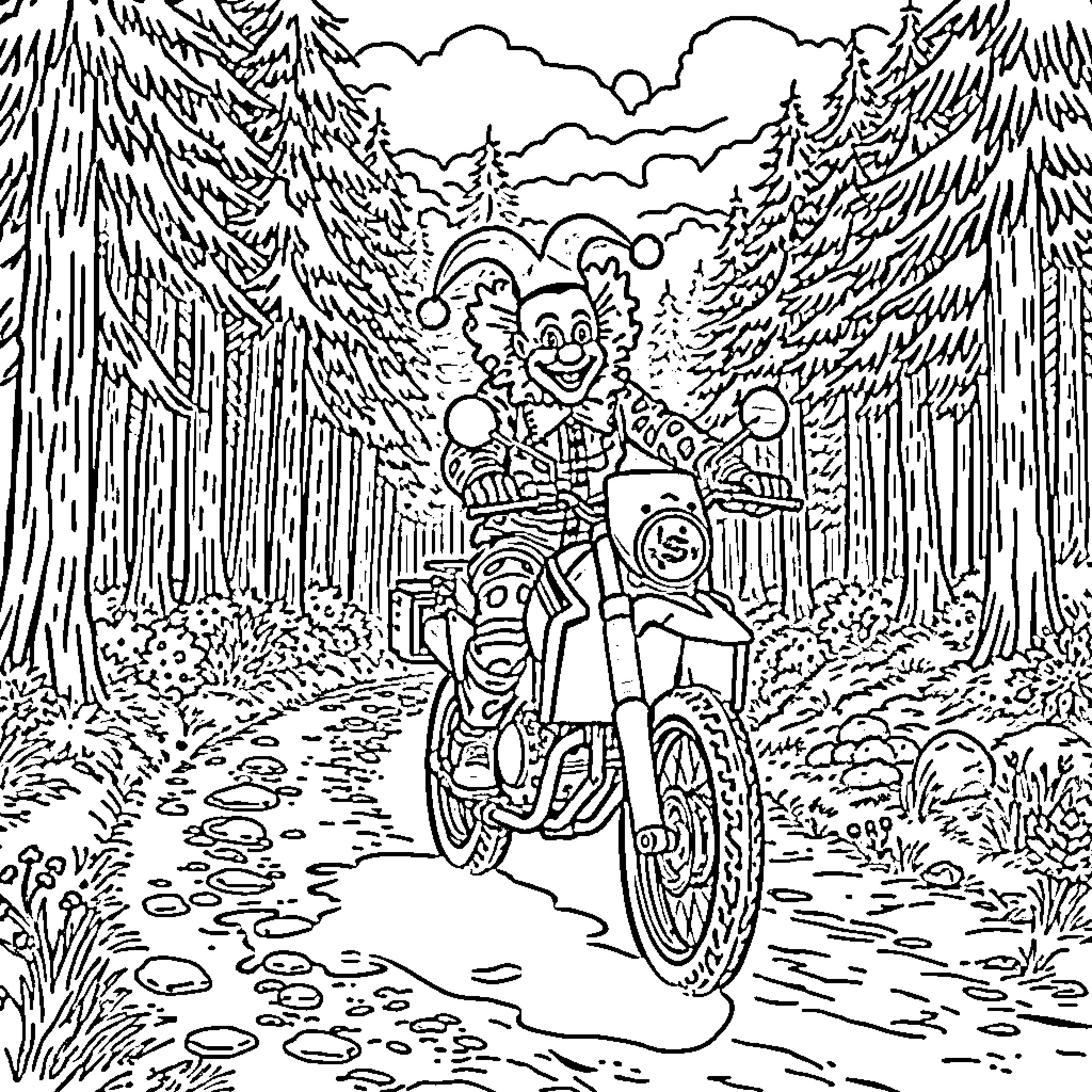Clown riding motorcycle through forest Coloring Page (free black-and-white line drawing printable PDF for all, from beginners to advanced learners, including children, teens, adults, and seniors)
