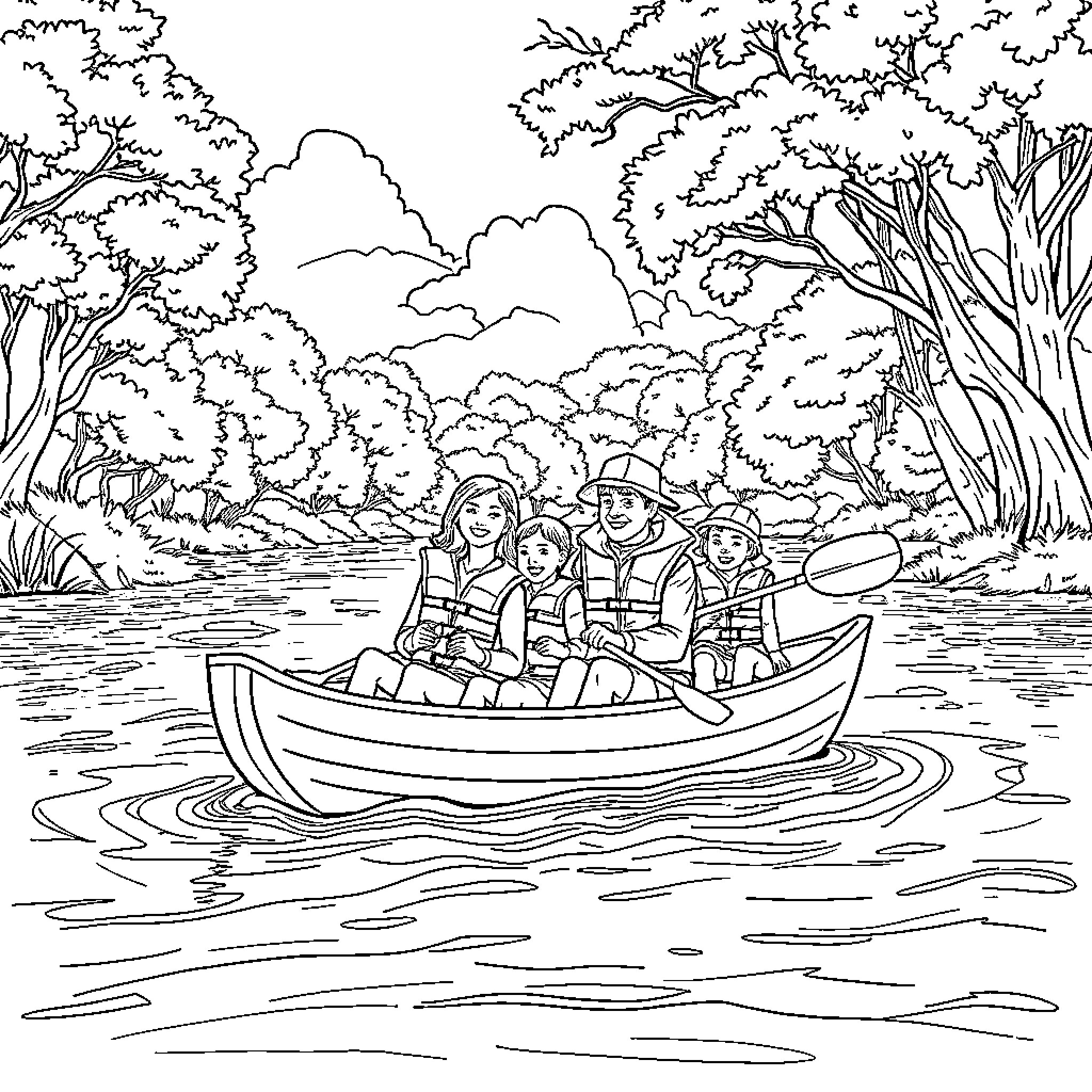 Canoe family adventure in the peaceful river Coloring Page (free black-and-white line drawing printable PDF for all, from beginners to advanced learners, including children, teens, adults, and seniors)