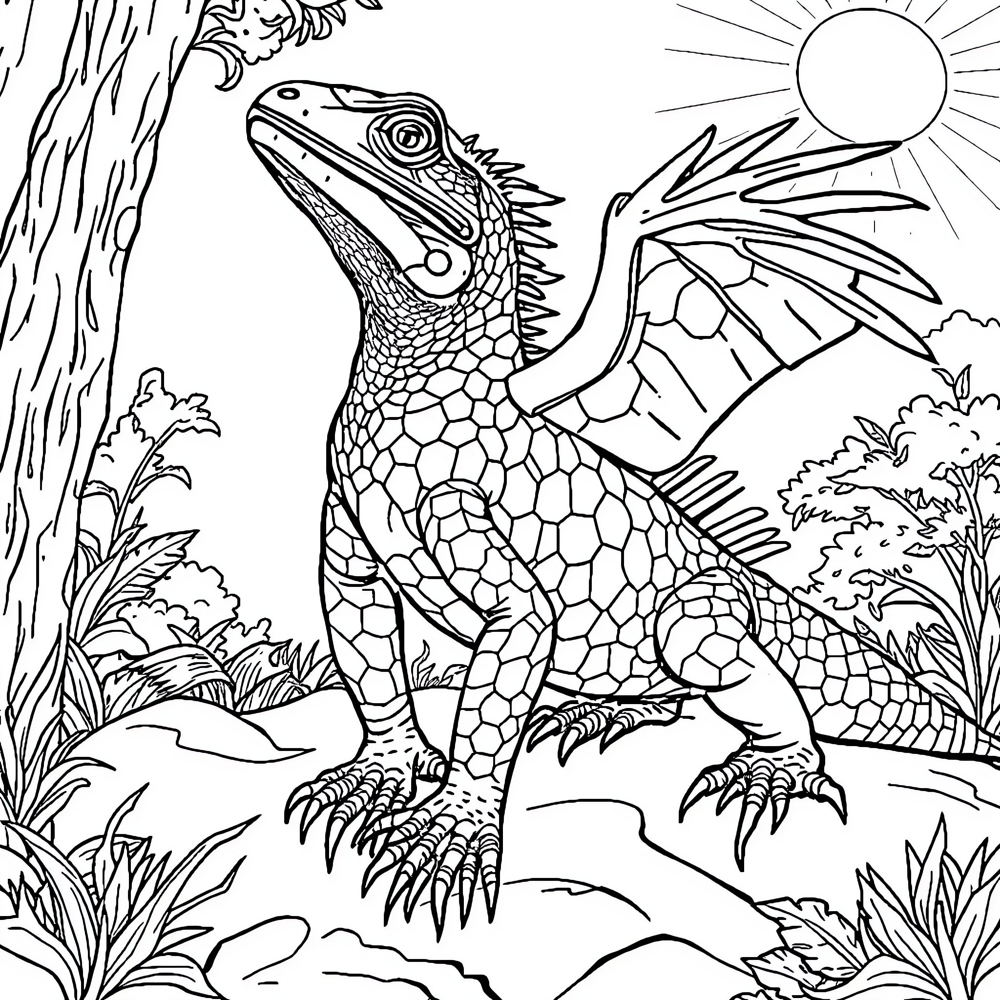 Lizard basking in the sun's rays Coloring Page (free black-and-white line drawing printable PDF for all, from beginners to advanced learners, including children, teens, adults, and seniors)