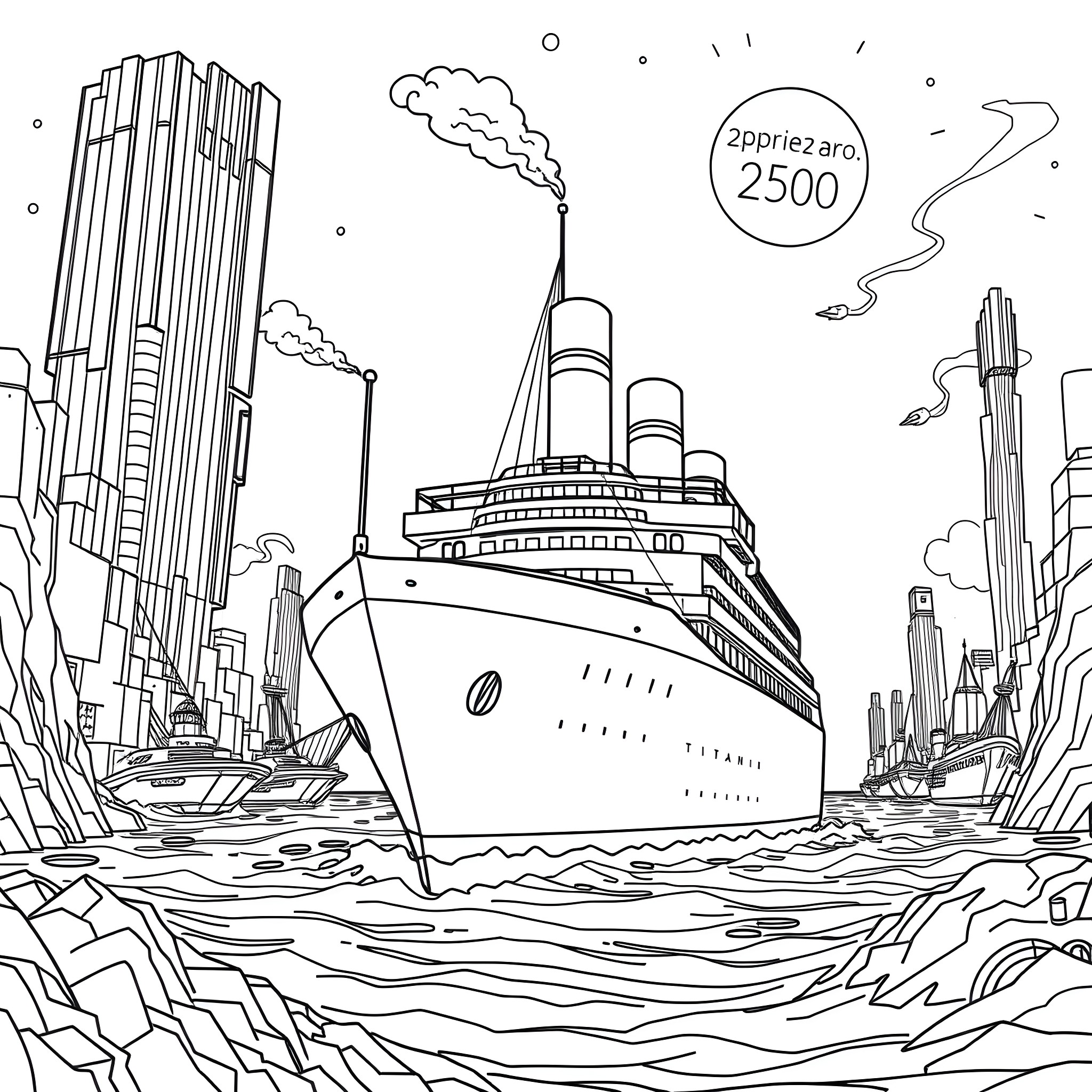 Titanic ship sailing in the city at night Coloring Page (free black-and-white line drawing printable PDF for all, from beginners to advanced learners, including children, teens, adults, and seniors)