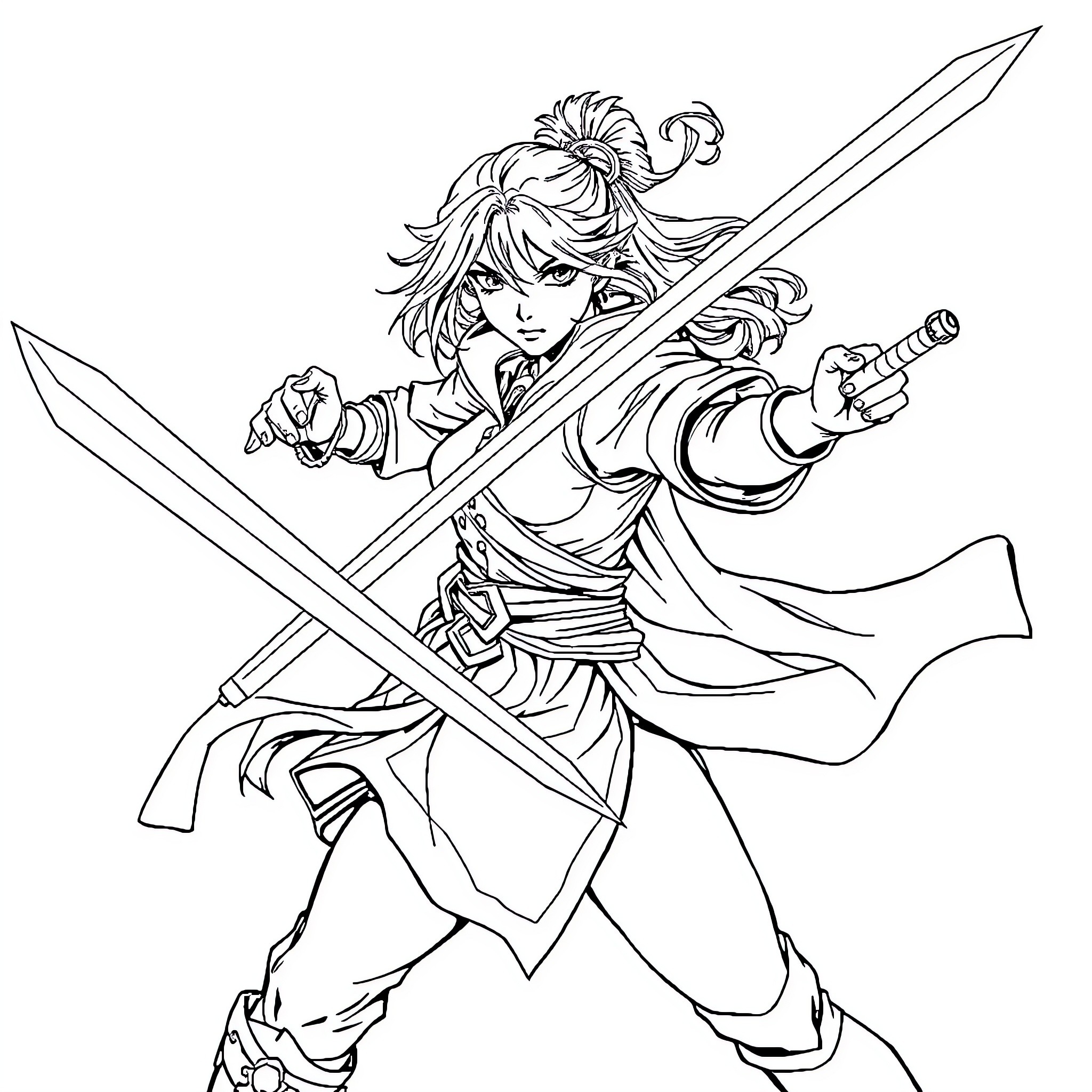 Hange Zoe in action with swords and battle gear Coloring Page (free black-and-white line drawing printable PDF for all, from beginners to advanced learners, including children, teens, adults, and seniors)