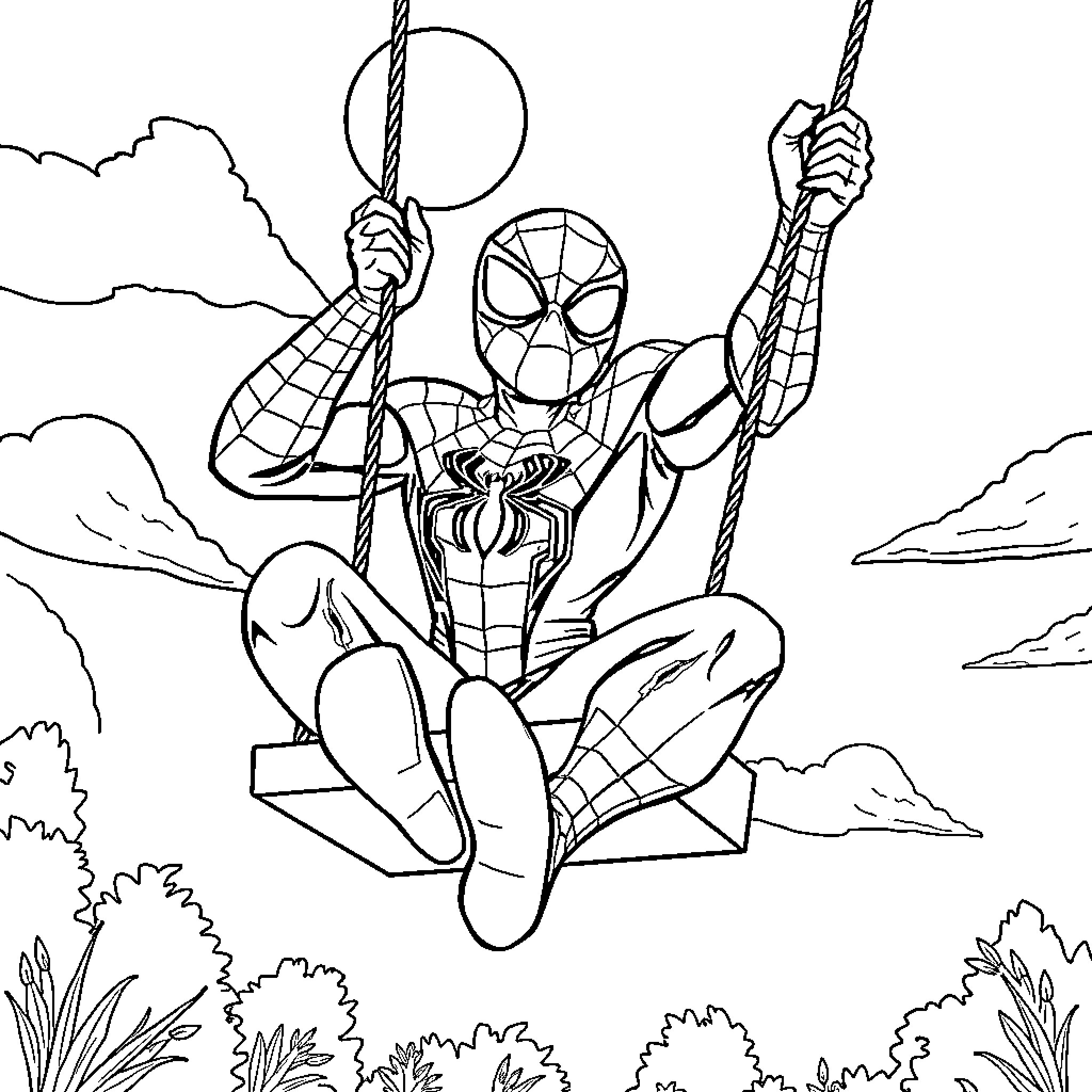 Spiderman swinging through the city with determination Coloring Page (free black-and-white line drawing printable PDF for all, from beginners to advanced learners, including children, teens, adults, and seniors)