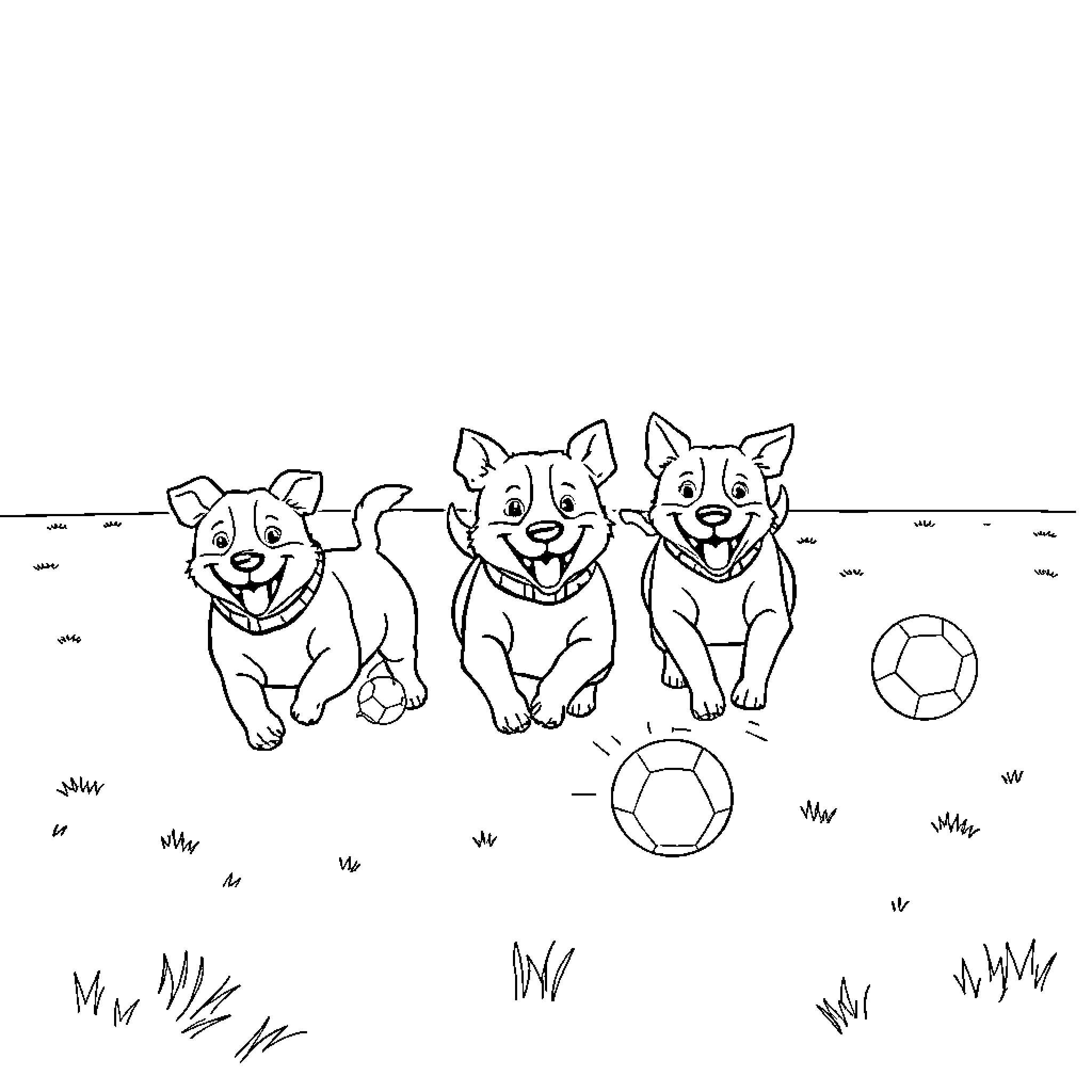 Dog friends playing joyfully with soccer ball Coloring Page (free black-and-white line drawing printable PDF for all, from beginners to advanced learners, including children, teens, adults, and seniors)